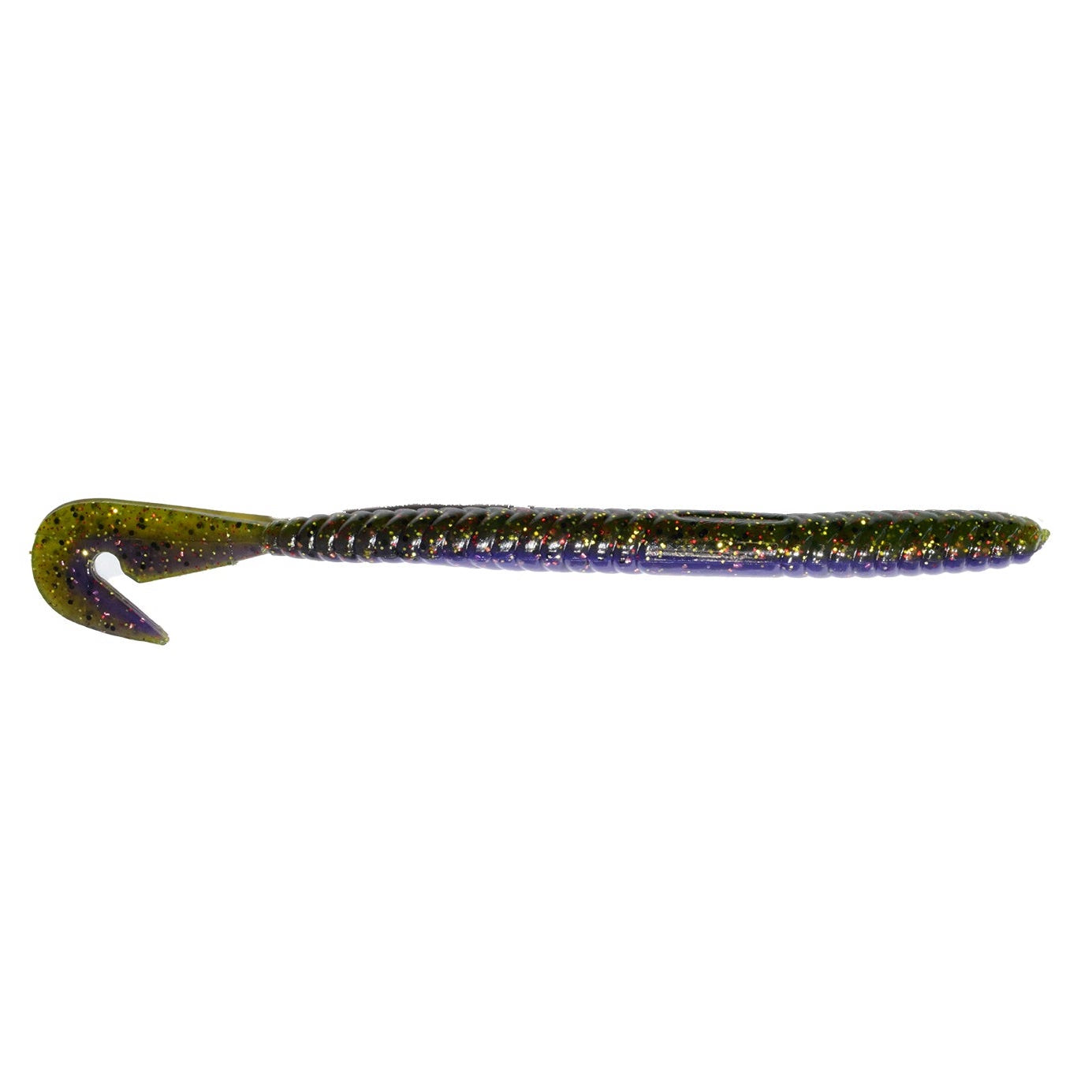 Close-up of a Gambler Lures Burner Worm fishing lure in a bruised copper color with a ribbed body and curly tail designed for effective movement in water.