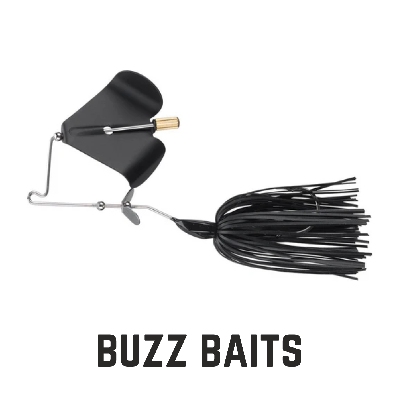 all black buzz bait with text overlay buzz baits
