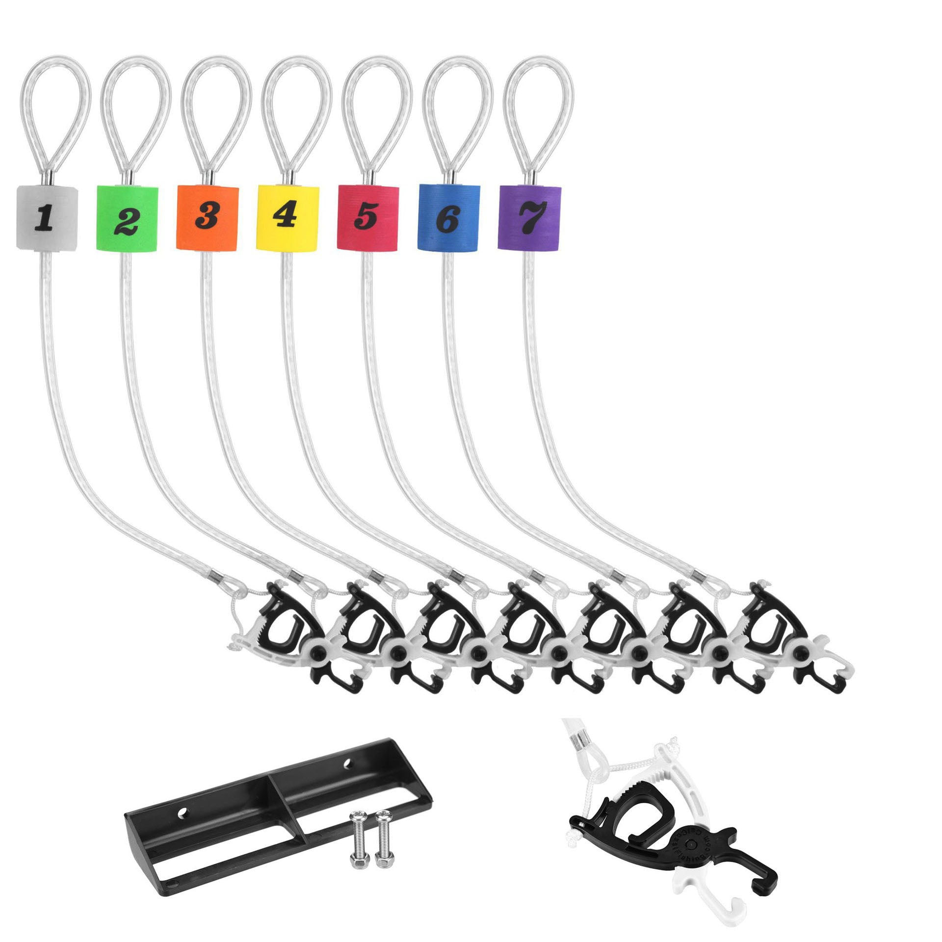 Cal Coast Fishing Clip-N-Cull Kit 2.0 showing seven numbered, color-coded wire clips with black plastic locking mechanisms, a mounting bracket, and screws designed for secure fishing tackle management.