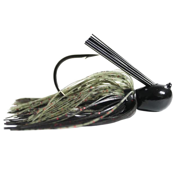 Missile Baits Ike's Mini Flip Jig fishing lure with a black jig head, olive and black skirt featuring red speckles, and a single sharp hook designed for fishing tackle use.