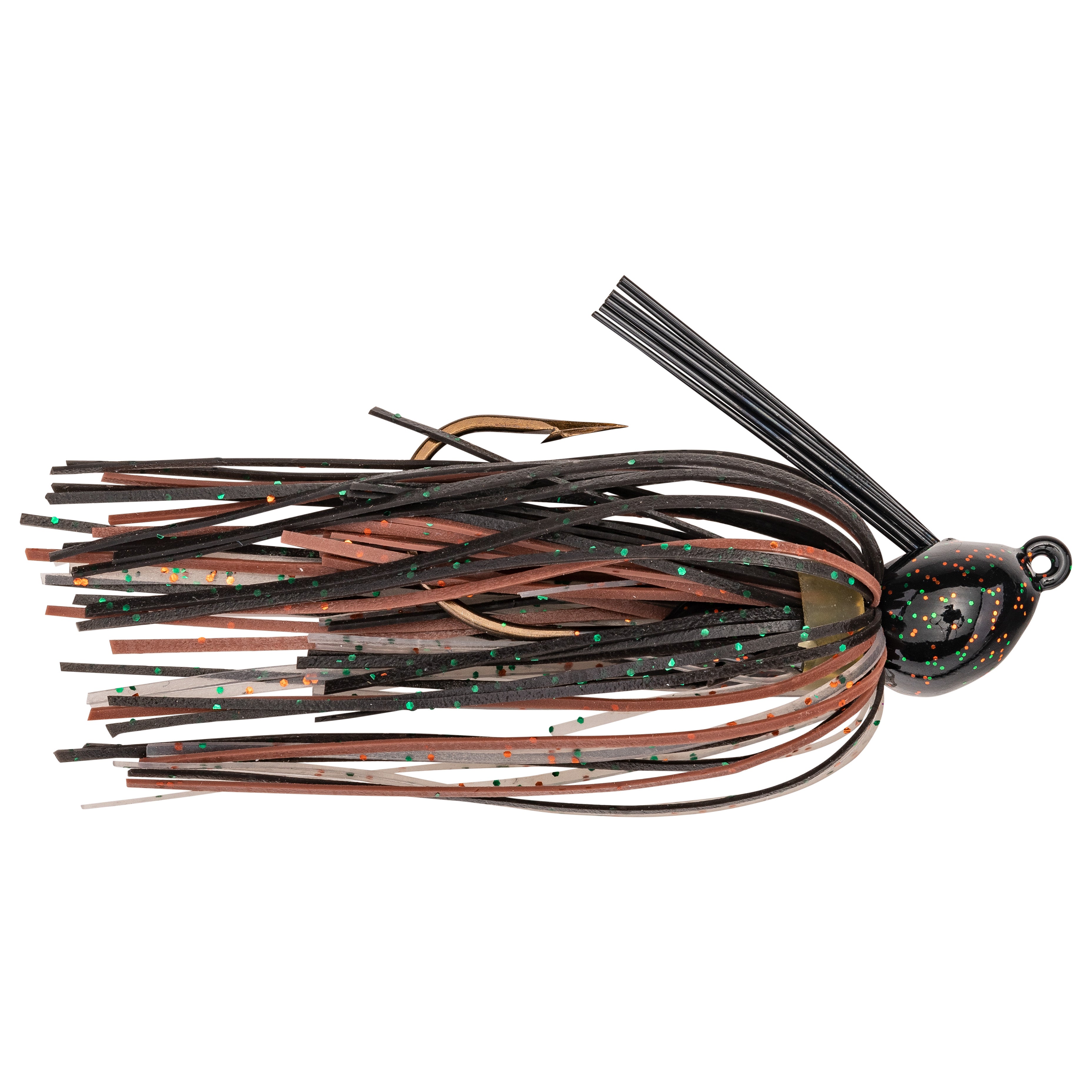 Strike King Bitsy Bug Mini Jig fishing lure with a camo pattern featuring brown and black strands with green and orange speckles, designed for effective fishing tackle use.