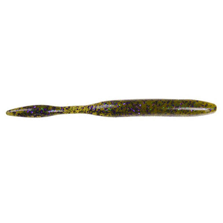 Strike King KVD Perfect Plastics Dream Shot fishing lure in green with purple and black speckles, designed for realistic movement to attract musky and other fish.