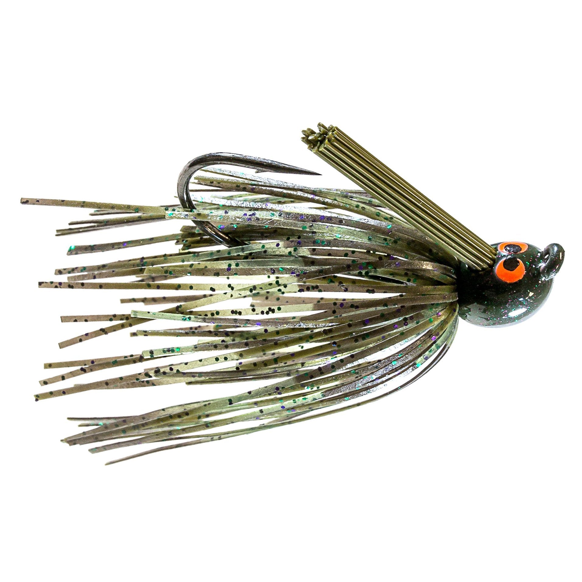Z-Man CrossEyeZ Power Finesse Jig fishing lure with glittery green and black skirt, orange-eyed weighted head, and weed guard designed for finesse fishing techniques.