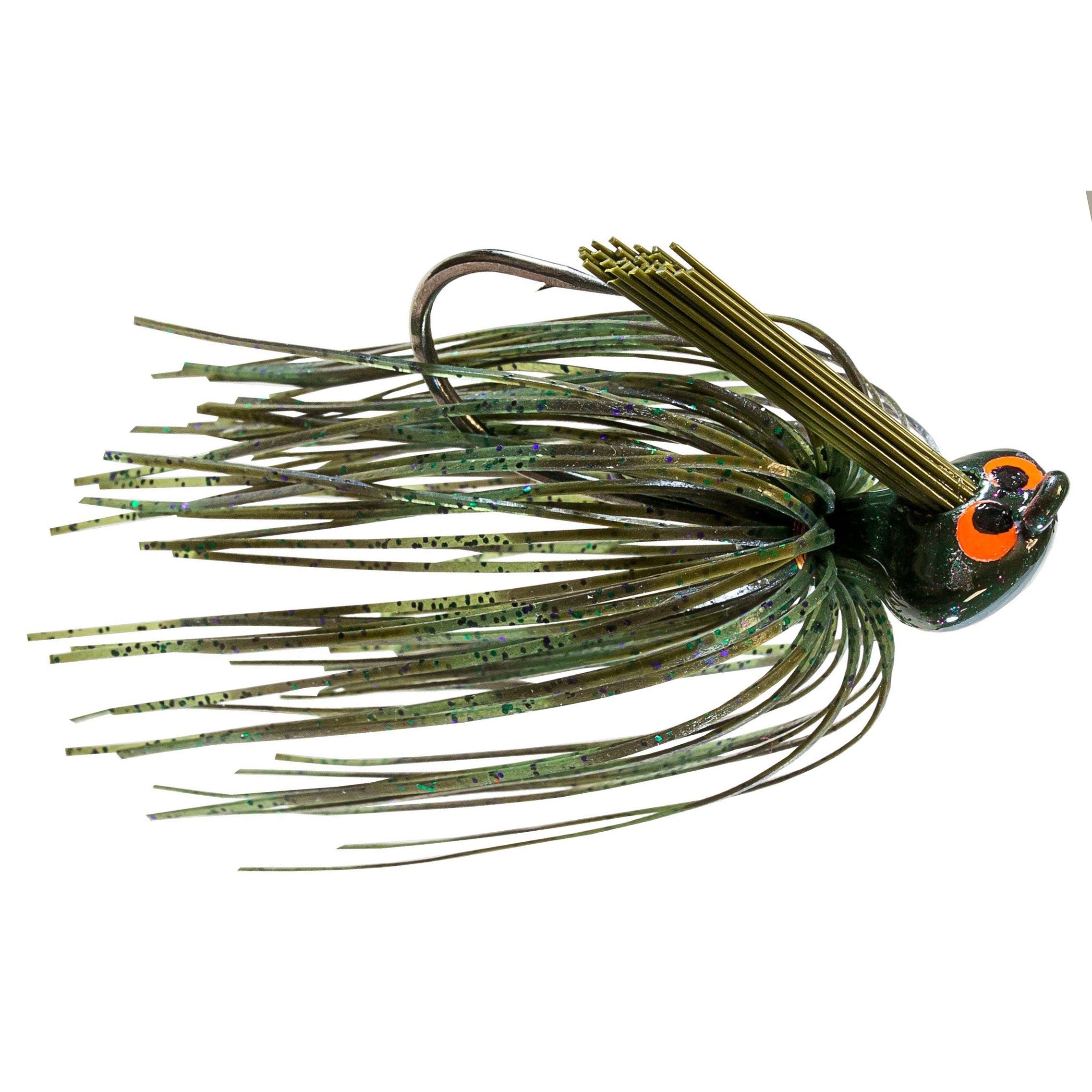 Z-Man CrossEyeZ Flipping Jig fishing lure with a detailed green and black skirt, bright orange eyes, and a weed guard, designed for targeting musky and other freshwater fish.