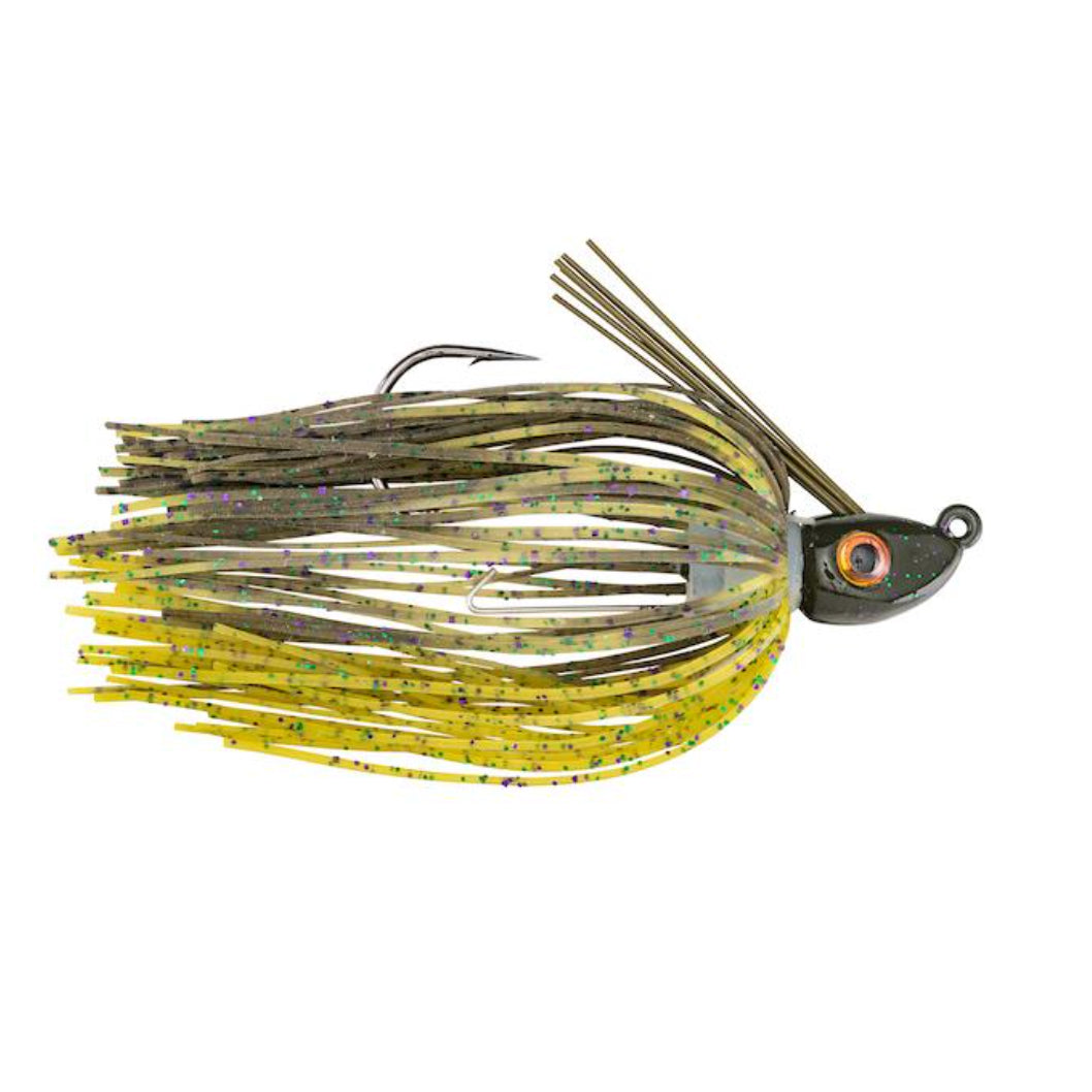 Strike King Tour Grade Swim Jig with a detailed olive and yellow skirt, lifelike eyes, and weed guard, designed for effective fishing tackle performance.