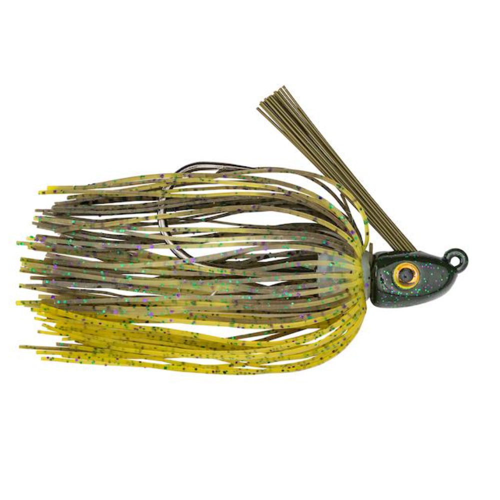 Strike King Hack Attack Heavy Cover Swim Jig with a detailed jig head, lifelike eye, and a colorful skirt featuring green, yellow, and brown tones with glitter, designed for fishing tackle.