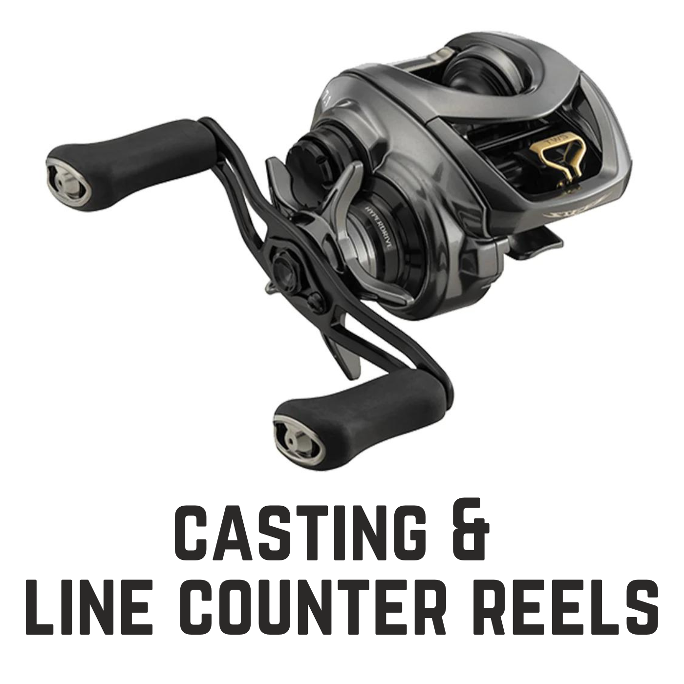 dark grey casting reel with text overlay casting and line counter reels