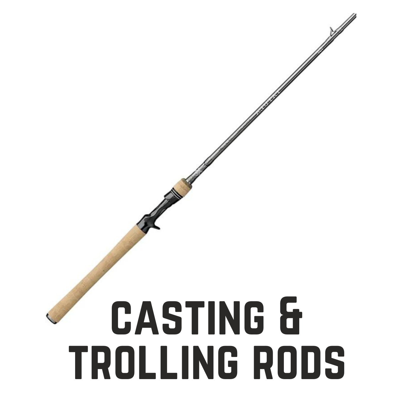Rod with cork handles with text overlay casting and trolling rods