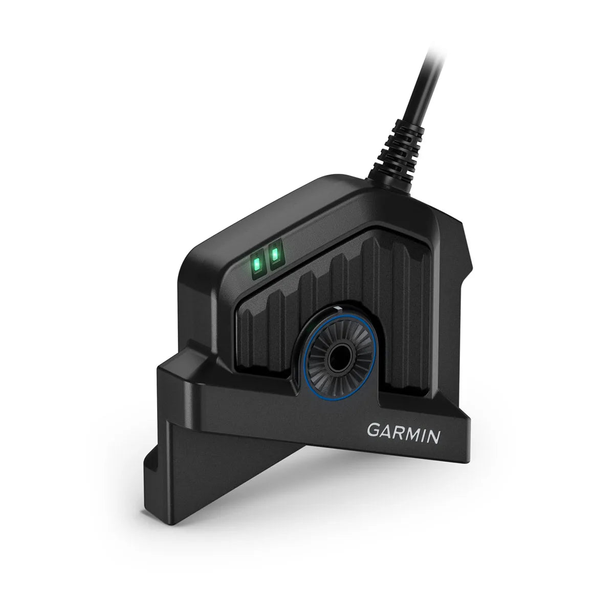 LiveScope™ 2 Transducer LVS44 showing a compact black marine electronics device with connection cable, illuminated indicator lights, and Garmin branding for fishing applications.
