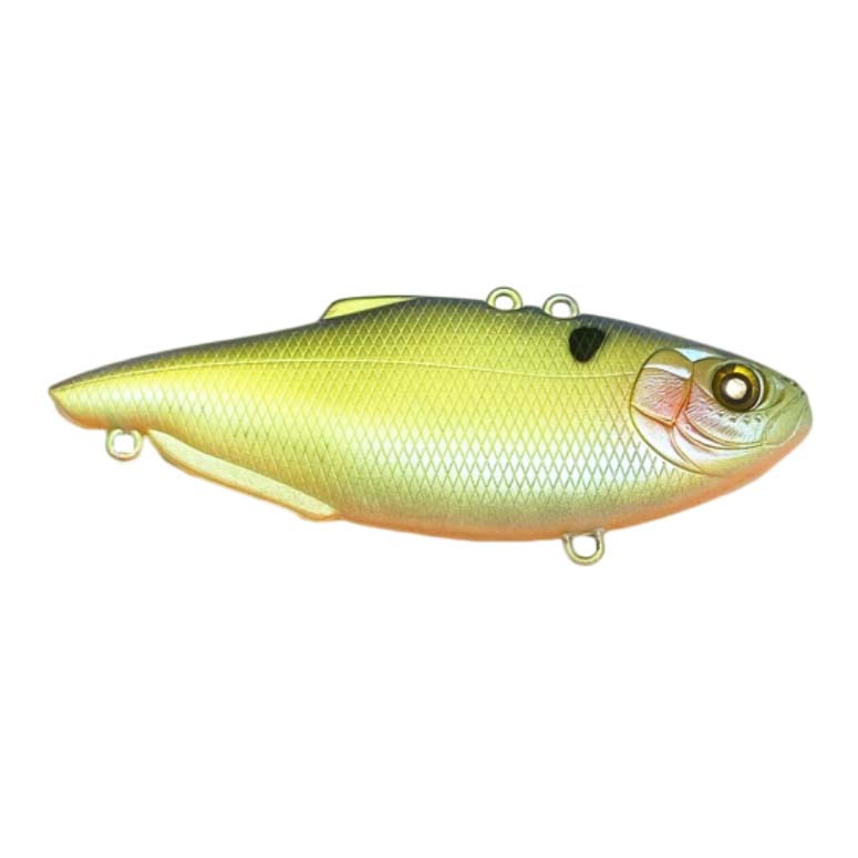 Nishine Lure Works Simcoe 75 Lipless Crankbait in yellow-green with detailed scale pattern and lifelike fish eye, designed for effective fishing lure performance.