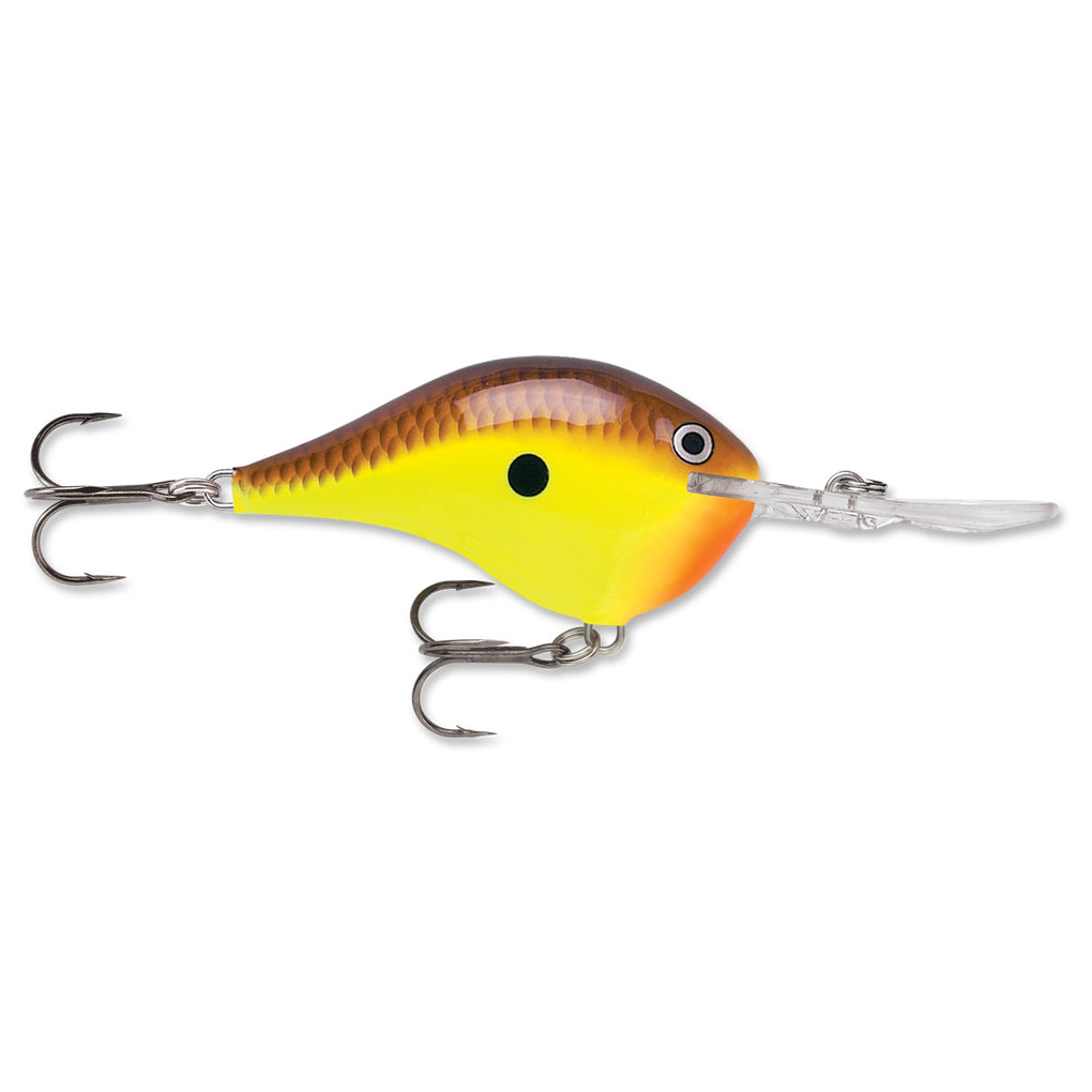 Rapala DT 14 Crankbait fishing lure with a yellow and brown scale pattern, realistic eye detailing, and two treble hooks for effective fishing tackle use.