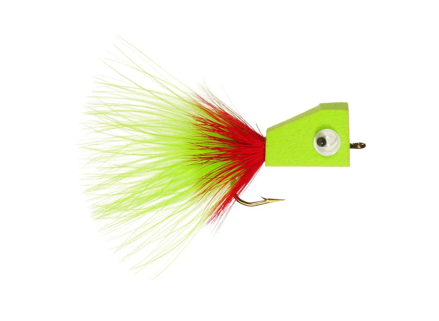 Holschlag's Blockhead Popper #2 fishing lure with bright chartreuse foam head, red and yellow feathered tail, and single sharp hook designed for musky and fly fishing tackle.