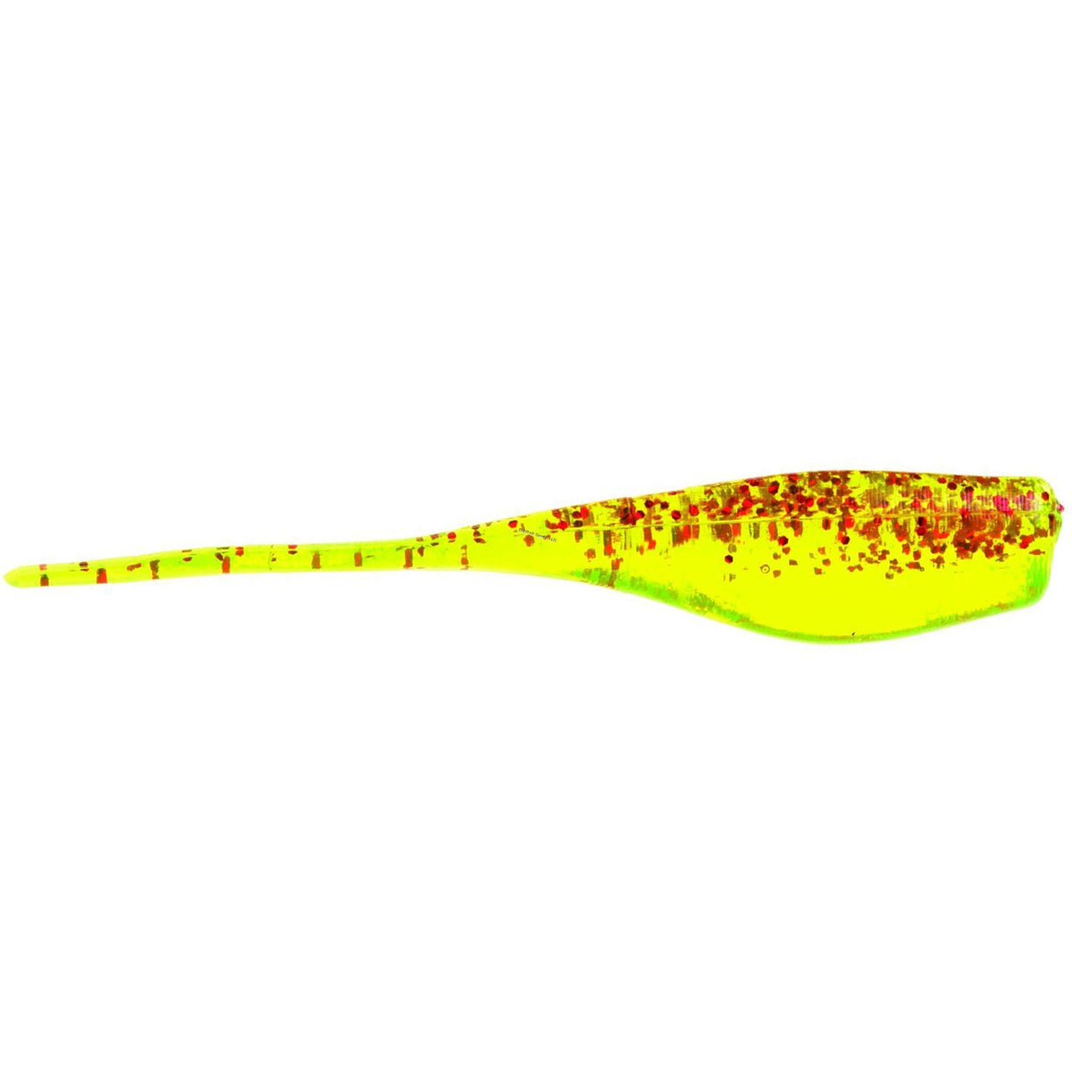 Bright yellow soft plastic fishing lure with red glitter flakes, shaped like a shad bait, labeled Strike King Mr. Crappie Lightning Shad for fishing tackle use.