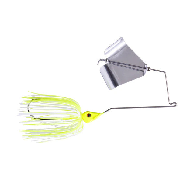Epic Baits Slow Roll'r Buzzbait fishing lure with a chartreuse and white skirt, bright yellow head, and a silver buzz blade designed for attracting musky and other predator fish.