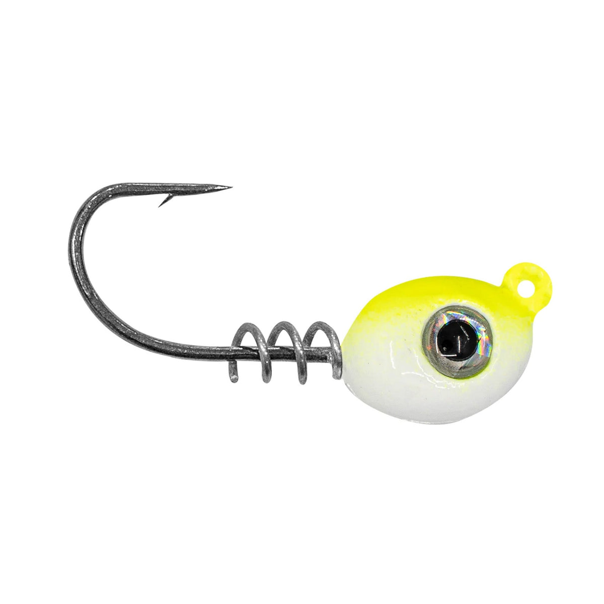 1Standard Dock Shooter Jig Head with a sharp black hook, bright yellow and white painted weighted head, and a spiral wire for secure bait attachment.