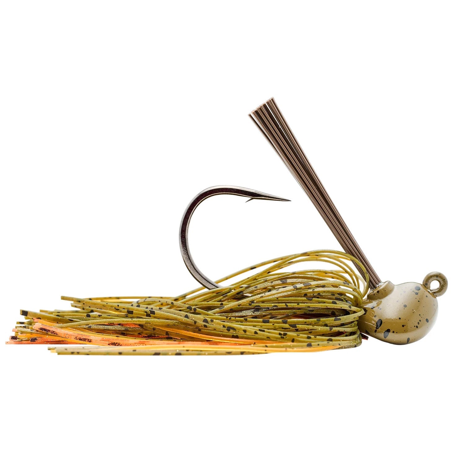 SPRO CJ Flip Jig fishing lure featuring a detailed hook, natural earth-tone skirt with speckled pattern, and weed guard, designed for effective freshwater fishing tackle.