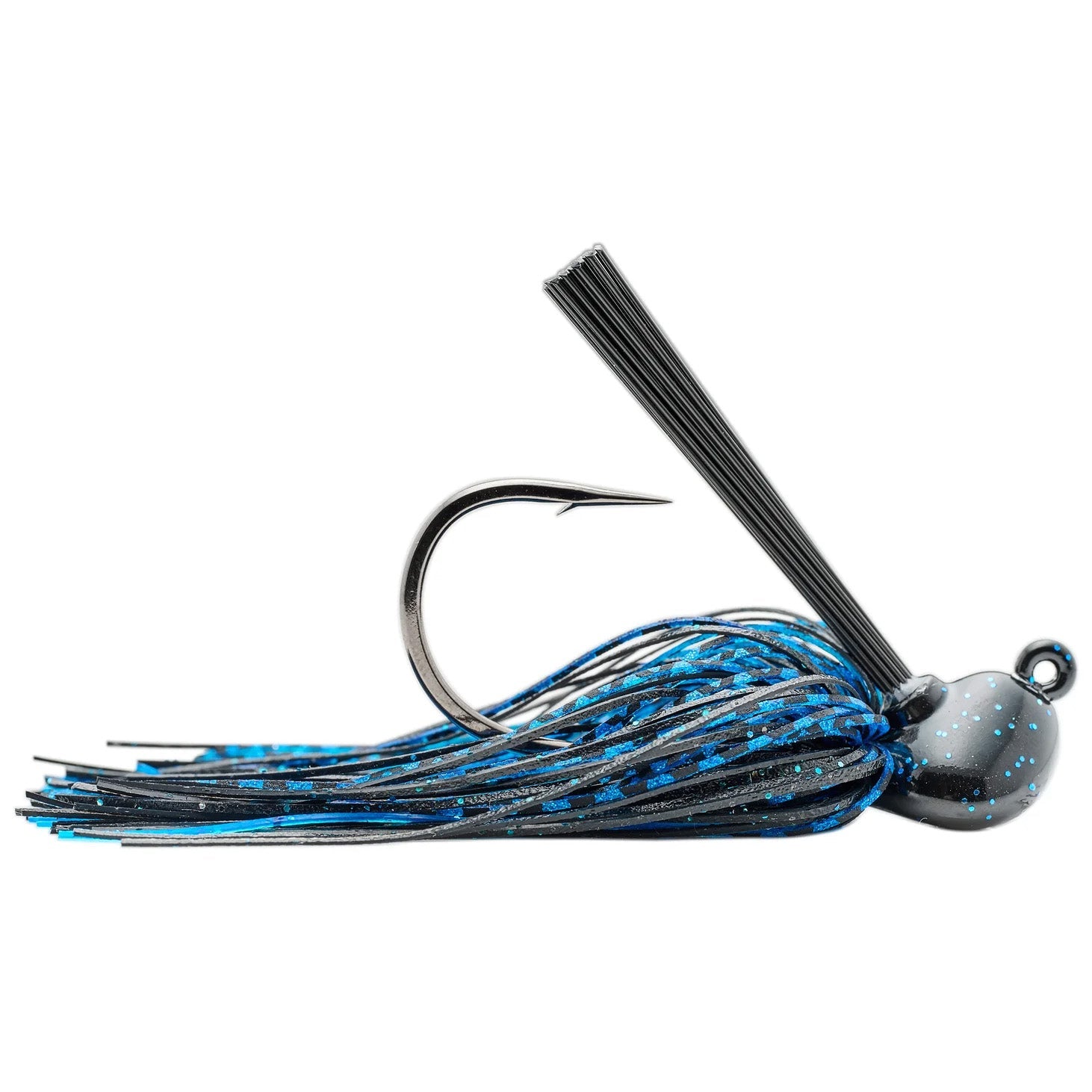 SPRO CJ Flip Jig with a black and blue speckled weighted head, sharp hook, and flexible skirt, designed for effective fishing tackle use.