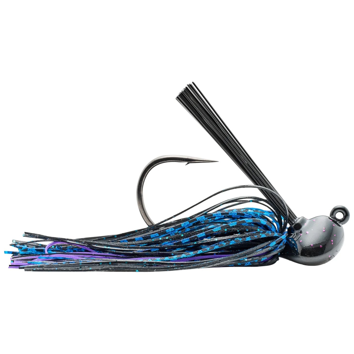 SPRO CJ Flip Jig with a sharp hook, black and blue patterned skirt, and a weighted head designed for effective fishing tackle use.