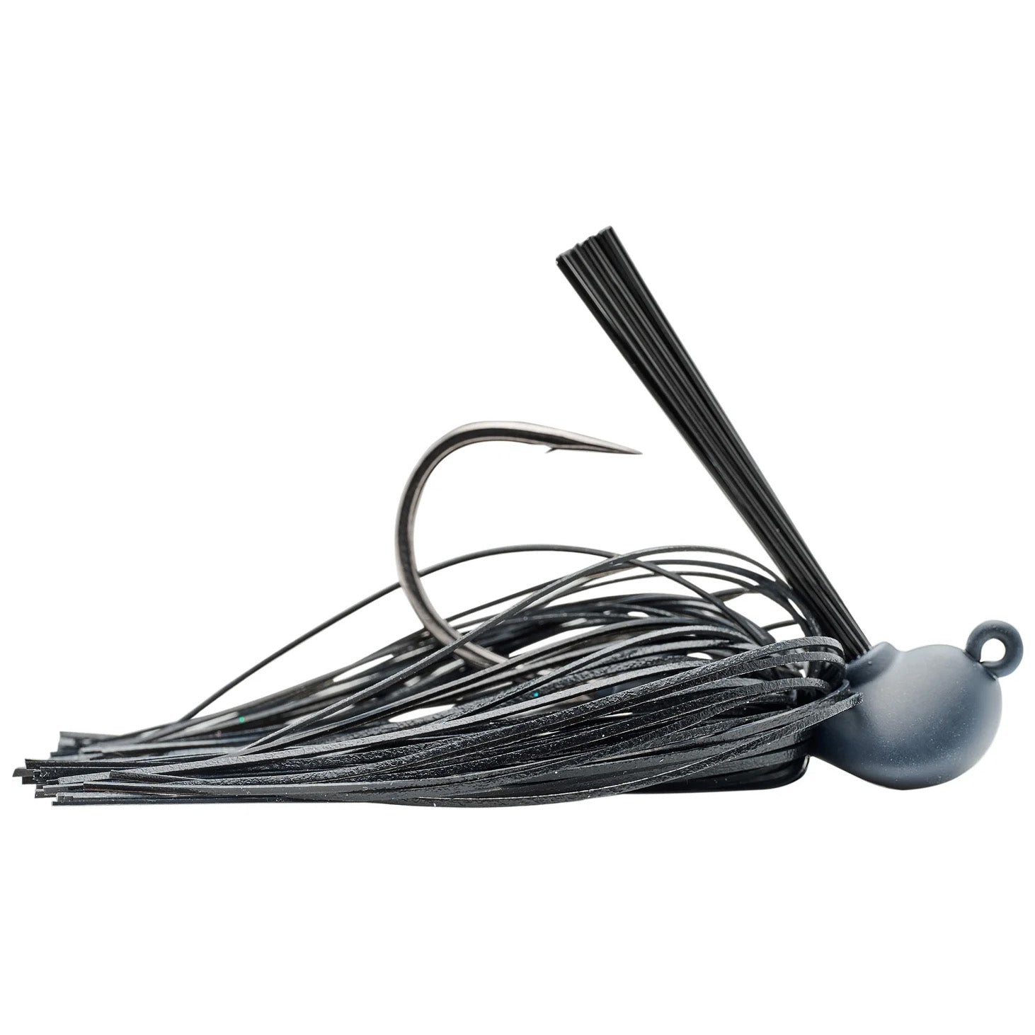 SPRO CJ Flip Jig fishing lure in matte black finish featuring a sharp hook with flexible skirt strands designed for effective musky fishing tackle.