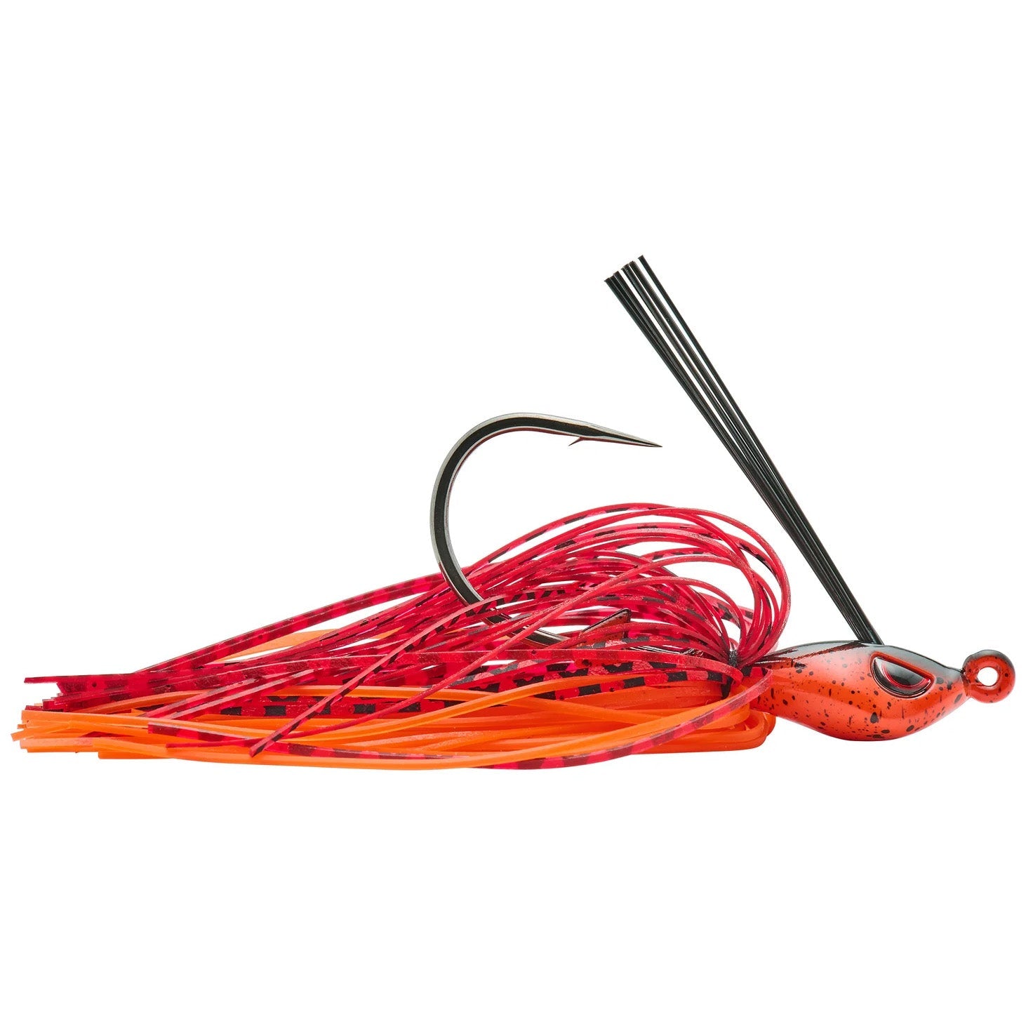 SPRO CJ Swim Jig fishing lure with a bright orange and red skirt, sharp hook, and weed guard designed for effective fishing tackle performance.