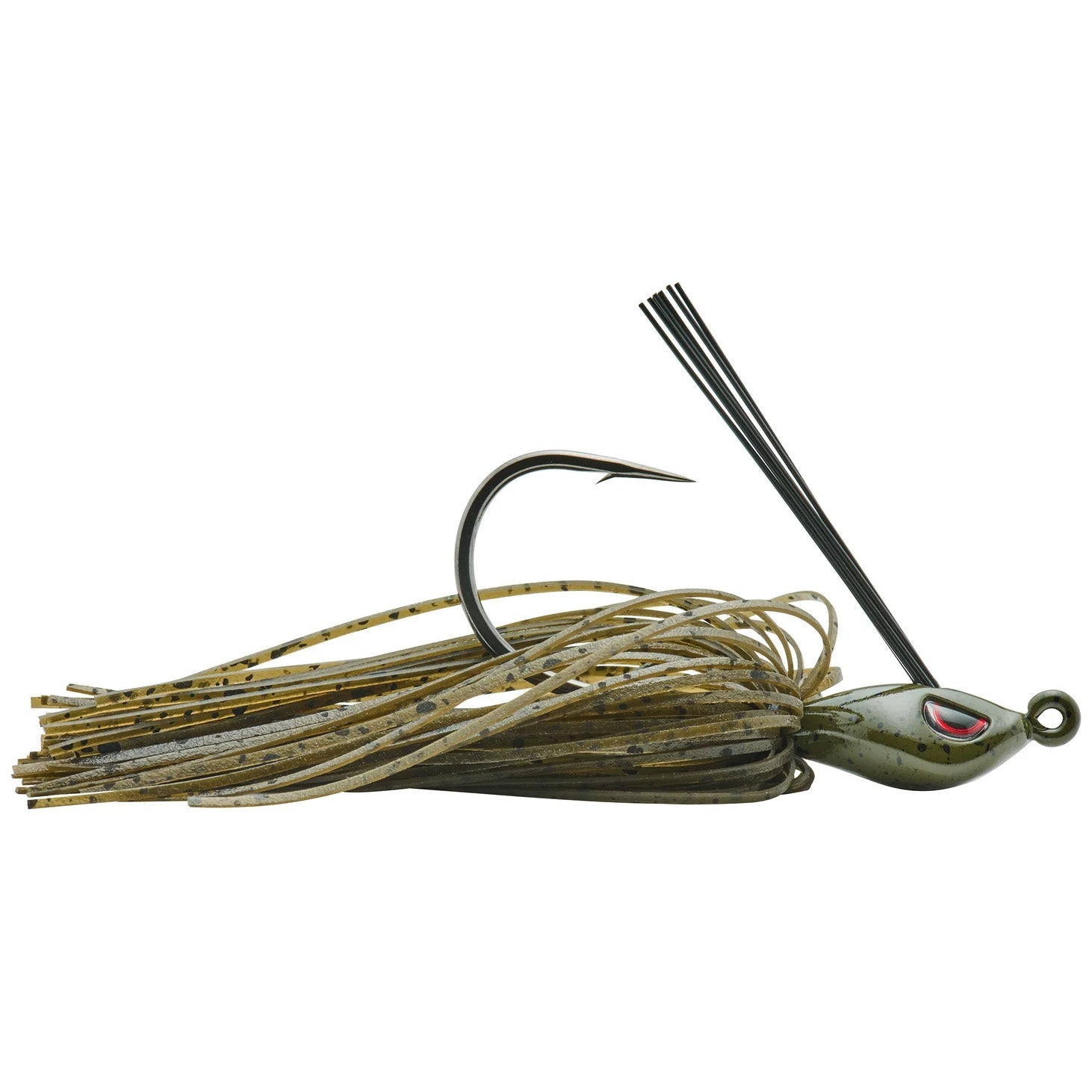 SPRO CJ Swim Jig fishing lure with a green pumpkin skirt, sharp hook, and weed guard designed for effective freshwater fishing tackle use.