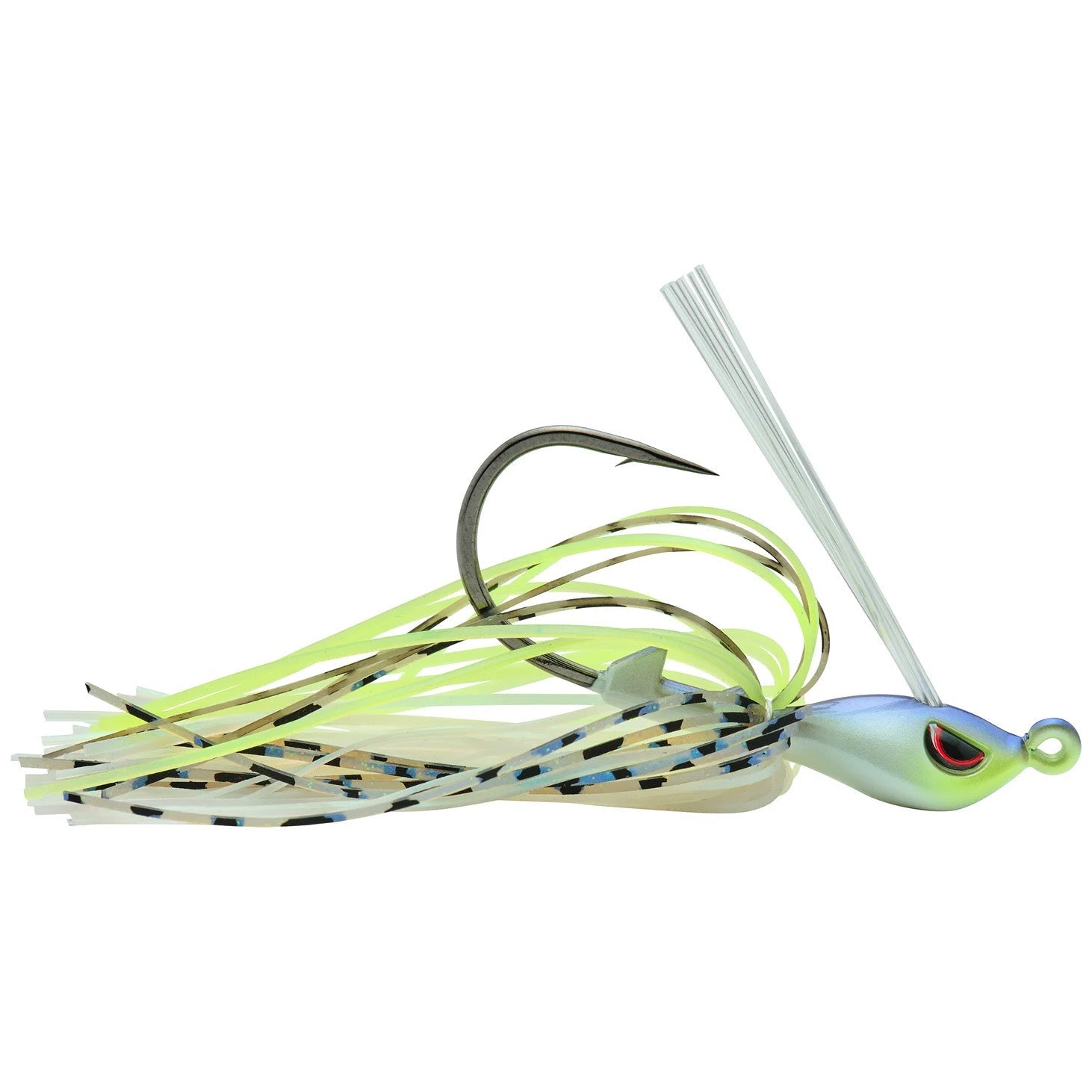 SPRO CJ Swim Jig fishing lure with a metallic blue head, red eyes, sharp hook, and multi-colored silicone skirt in shades of cream, chartreuse, and black stripes for musky fishing.