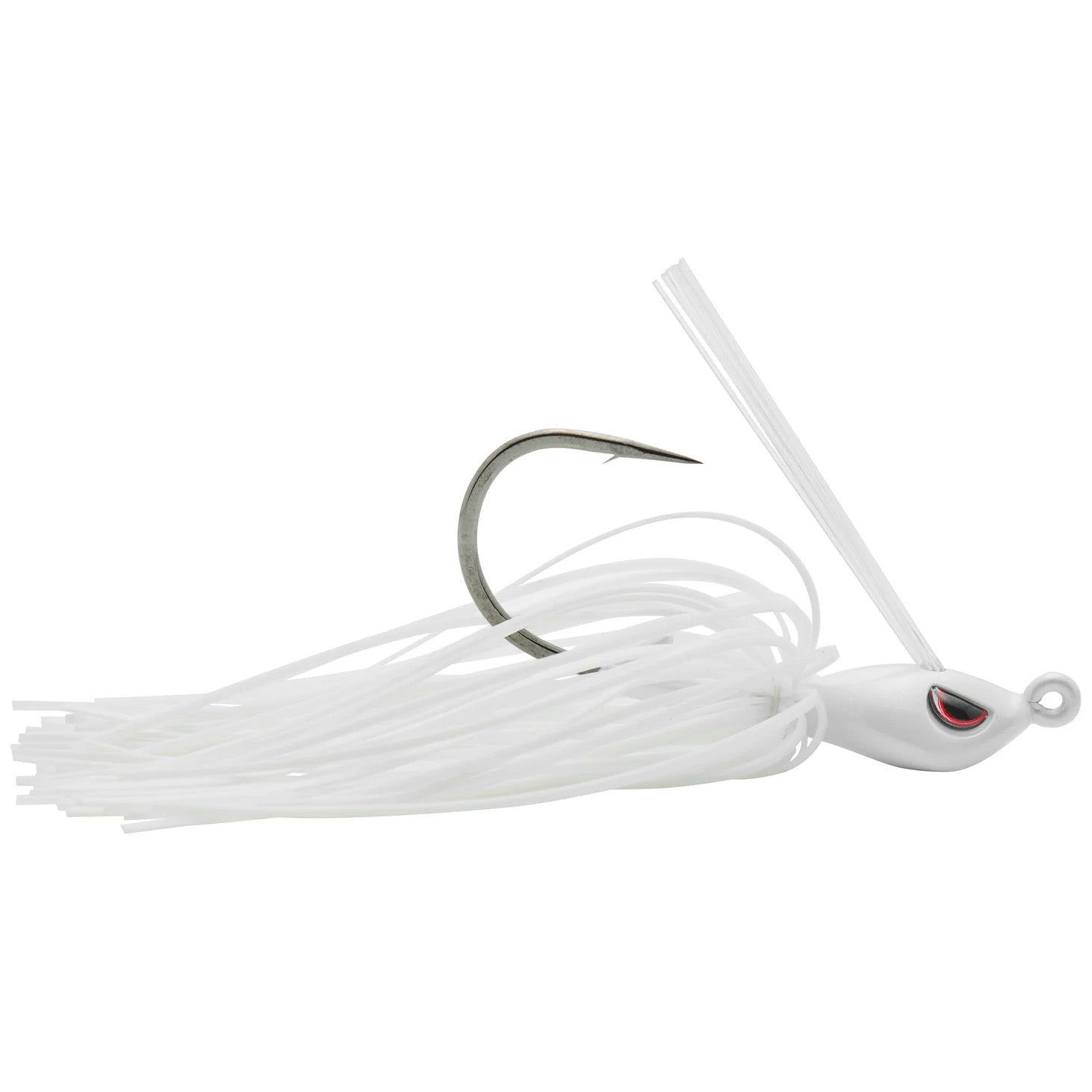 SPRO CJ Swim Jig in pearl white with a single sharp hook, weed guard, and skirted silicone strands designed for fishing tackle and lure applications.