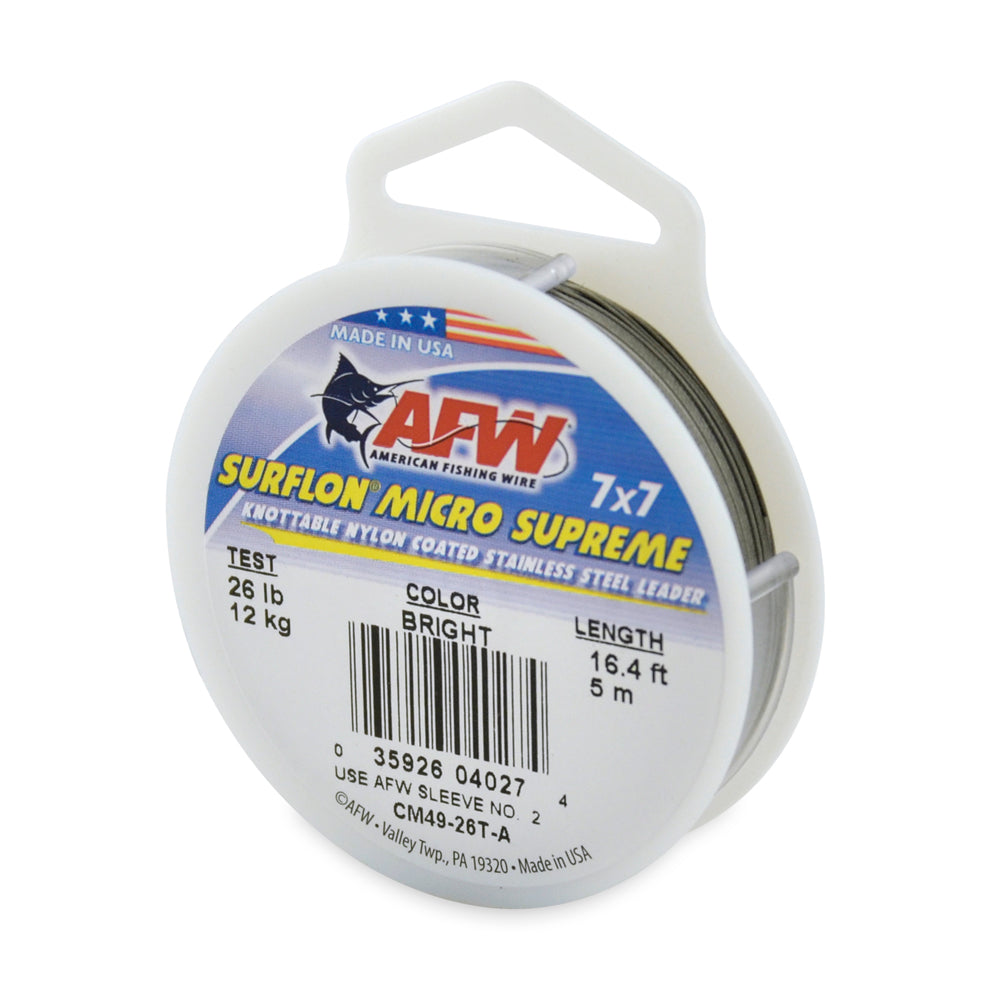 AFW Surflon Micro Supreme - Nylon Coated 7X7 Stainless Leader spool with 26 lb bright wire and 16.4 foot length for fishing tackle