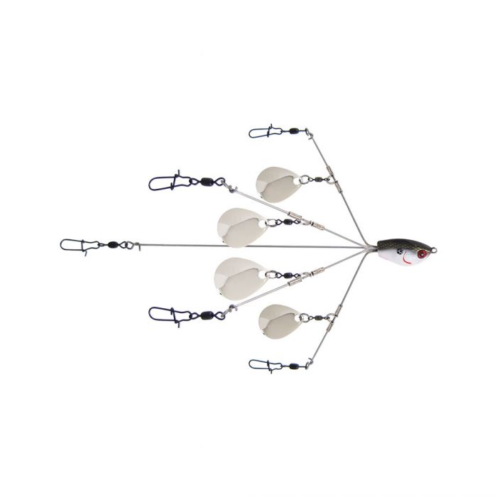 Yum Yumbrella Flash Mob Jr. Umbrella Rig featuring a multi-arm design with silver spinner blades and a detailed fish-shaped head, ideal for fishing tackle enthusiasts.
