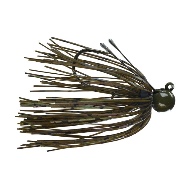 Picasso Lures Tungsten Little Spotty Finesse Jig with a detailed skirt in earthy tones, designed for precision fishing tackle and enhanced lure action.