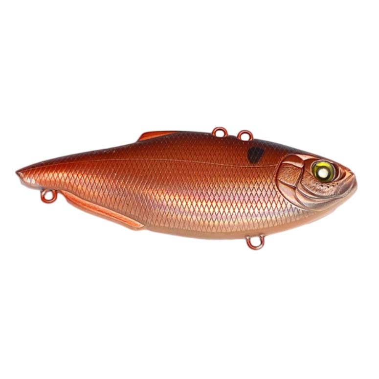 Nishine Lure Works Simcoe 75 Lipless Crankbait in metallic copper color with textured scale pattern, detailed fish eye, and multiple attachment points for fishing tackle.