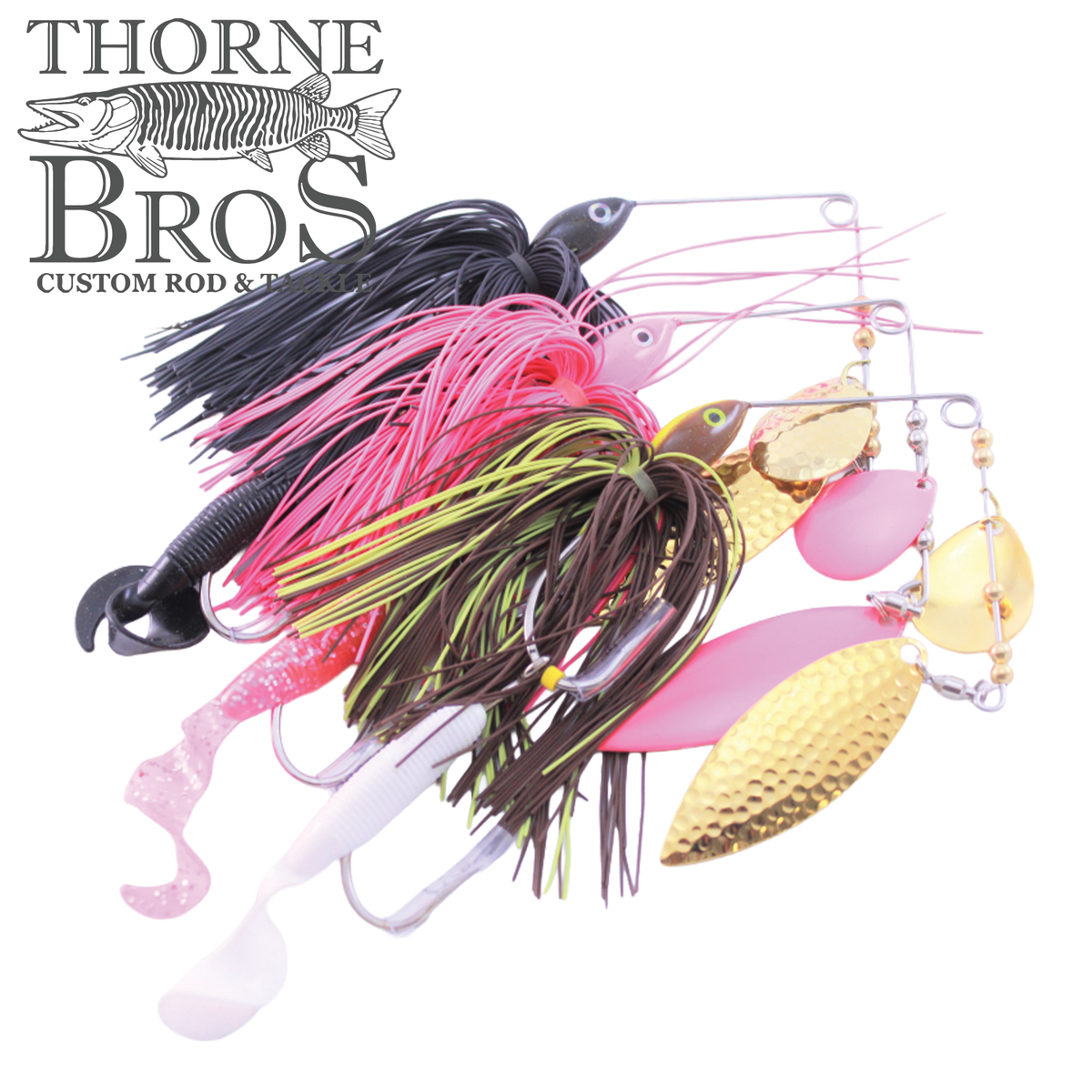Ace Baits Big Ace Spinnerbait with colorful silicone skirts soft plastic trailers and reflective metal blades for musky fishing tackle