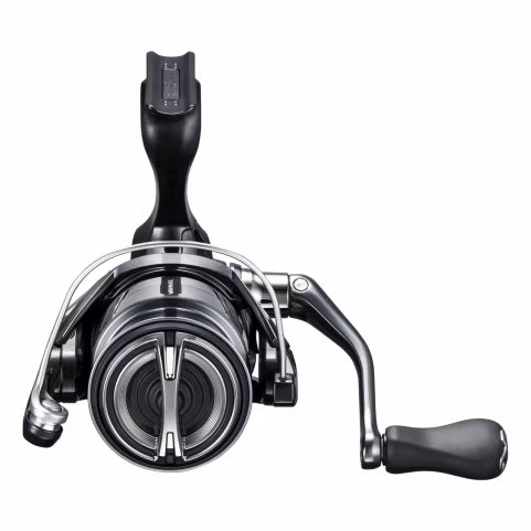 Front view of Shimano Miravel A (NEW 2026) fishing reel in black and silver with ergonomic handle and spool, designed for smooth casting and reeling in fishing rods and reels.