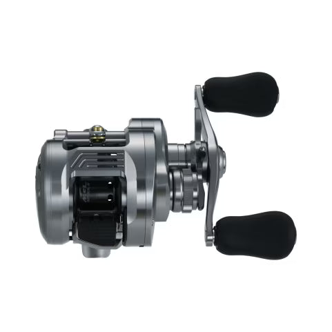 Shimano Calcutta Conquest DC 200 fishing reel featuring a compact, durable metal body with ergonomic black handles designed for precision and comfort in fishing tackle use.