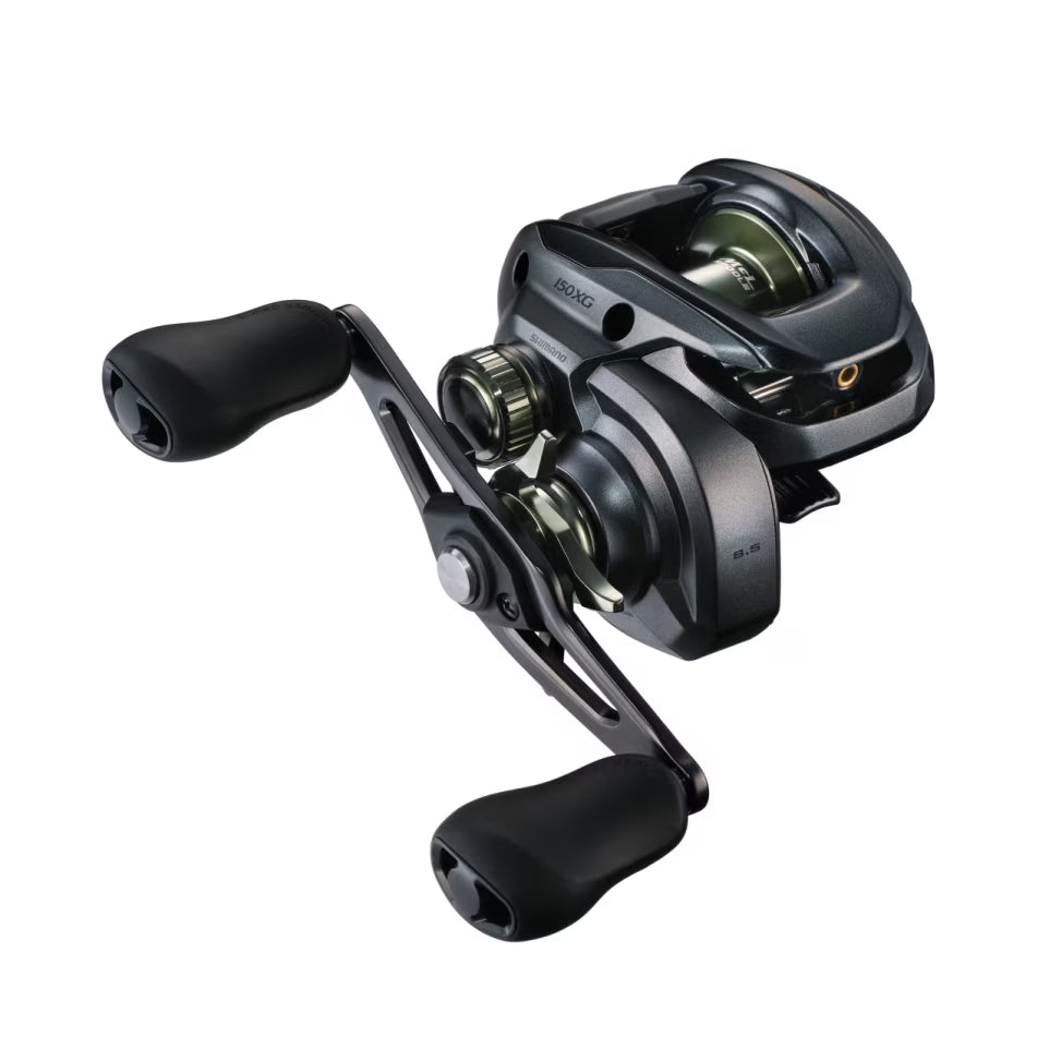 Shimano Curado DC 150 A (NEW 2026) baitcasting fishing reel with ergonomic handle grips, designed for smooth casting and precision control in freshwater and saltwater fishing.
