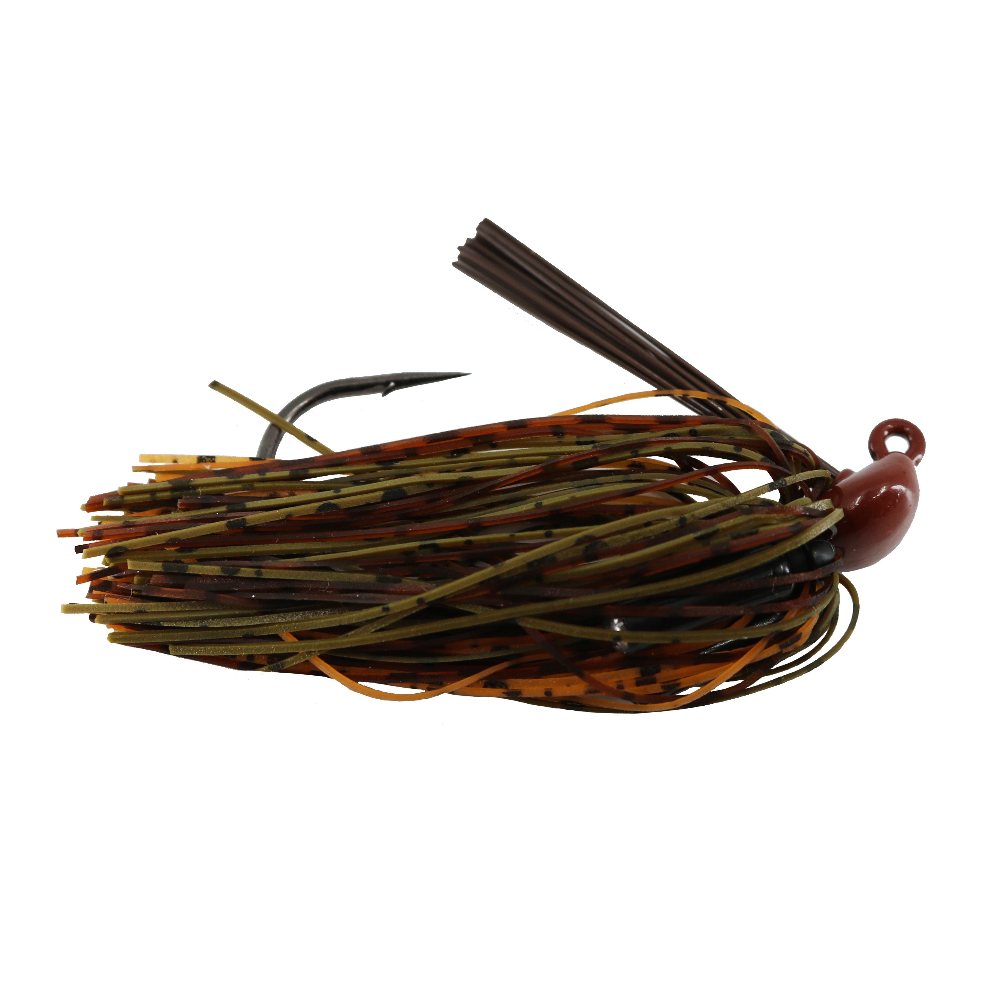 BassTEK Tungsten Flipping Jig with a sharp hook and multi-colored skirt in green, brown, and orange designed for fishing tackle and bass fishing techniques.
