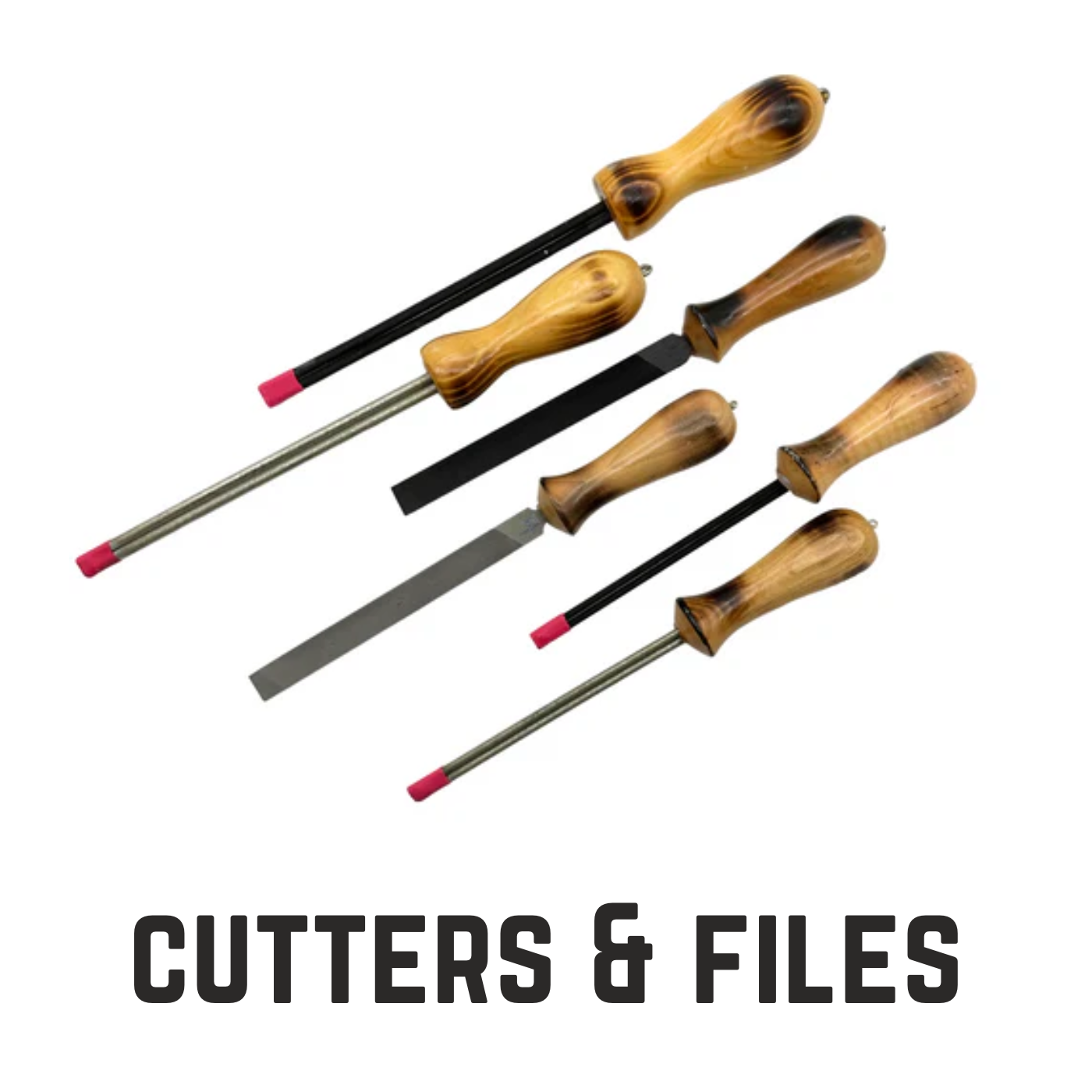 6 wooden handle hook files with text overlay cutters and files