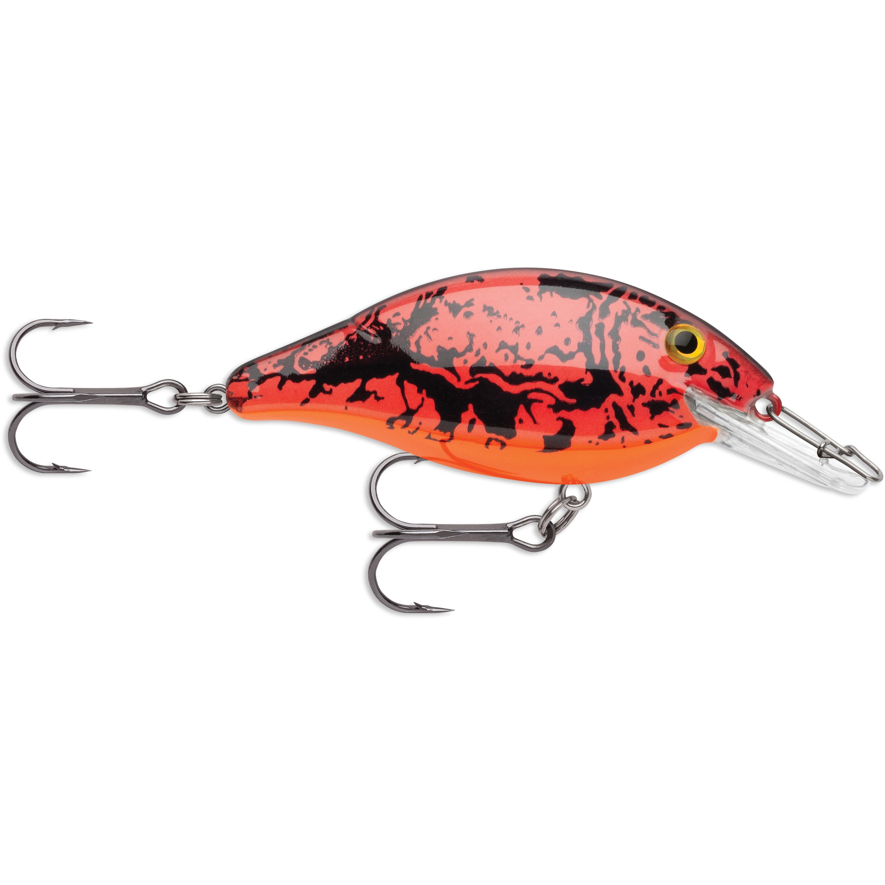 Storm Speed Trap Crankbait fishing lure in red and black pattern with two treble hooks and a clear diving lip, designed for effective fishing tackle use.