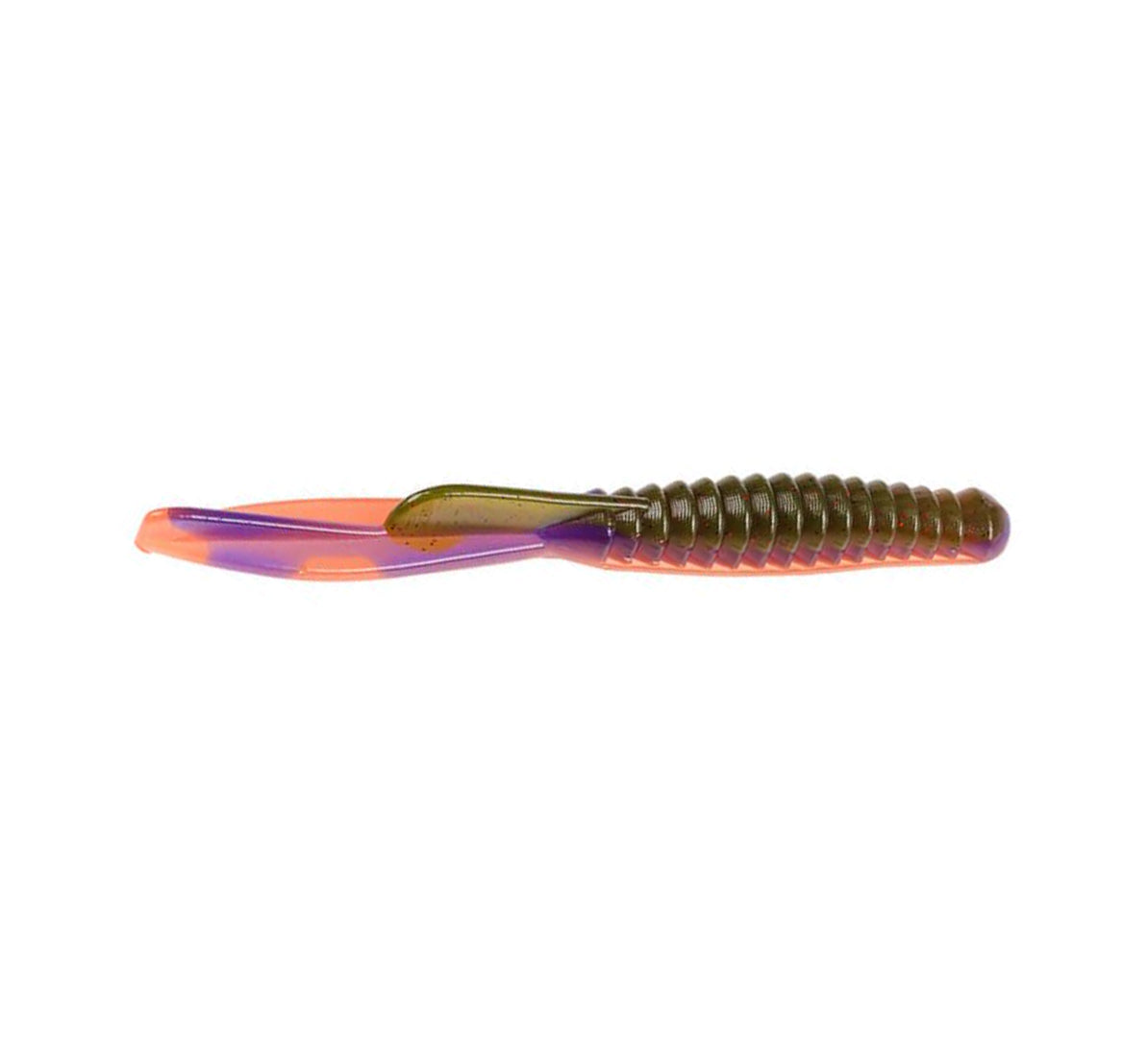 Strike King KVD Perfect Plastics Half Shell Dropshot Worm fishing lure in green and orange colors with ribbed body and two flexible paddle tails for lifelike movement.