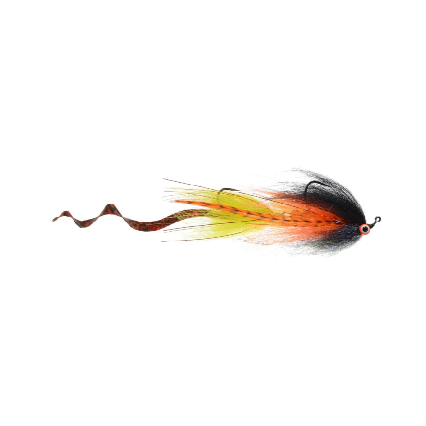Satkowski's Devil's Tail #3/0 fishing lure featuring vibrant orange, yellow, and black feathers with a flexible curly tail designed for musky fishing tackle.