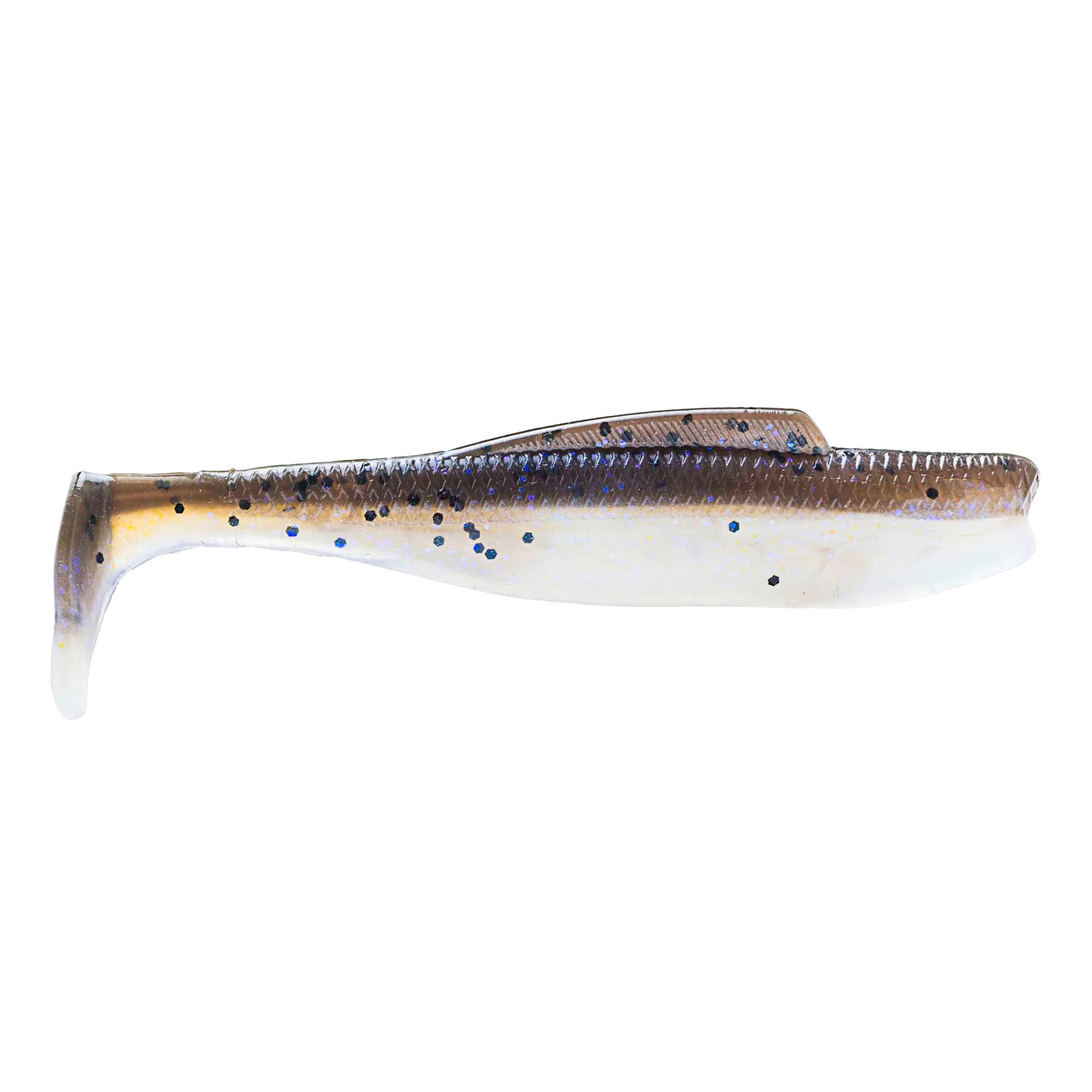 Z-Man DieZel MinnowZ soft plastic fishing lure designed to mimic a small fish, featuring a paddle tail and natural brown and white coloration with black speckles.