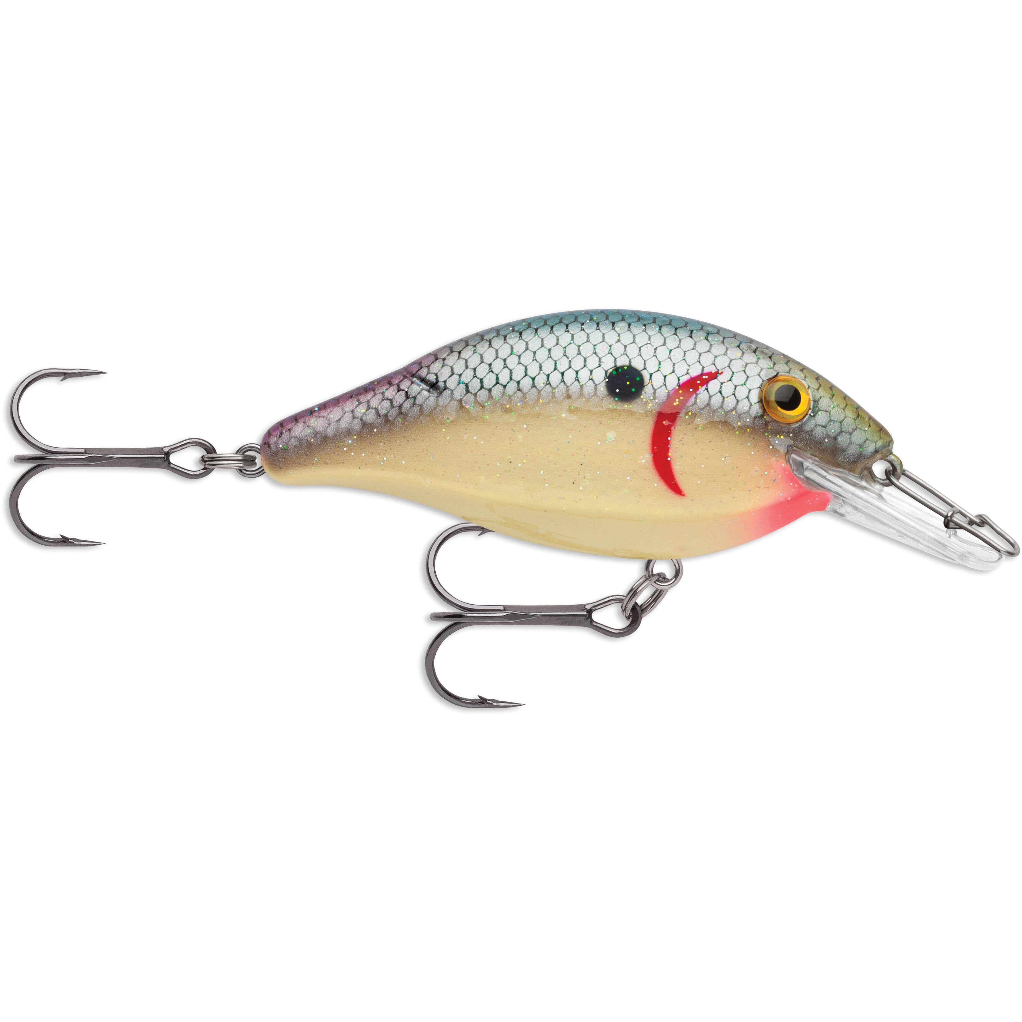Storm Speed Trap Crankbait fishing lure with realistic fish scale pattern in silver, beige, and pink tones, featuring two treble hooks and a clear diving lip for freshwater fishing.