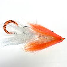 MFC Jig Gangalf fishing lure with vibrant orange and white feathers, designed for musky fishing, featuring detailed hook and lifelike materials for effective fishing tackle.