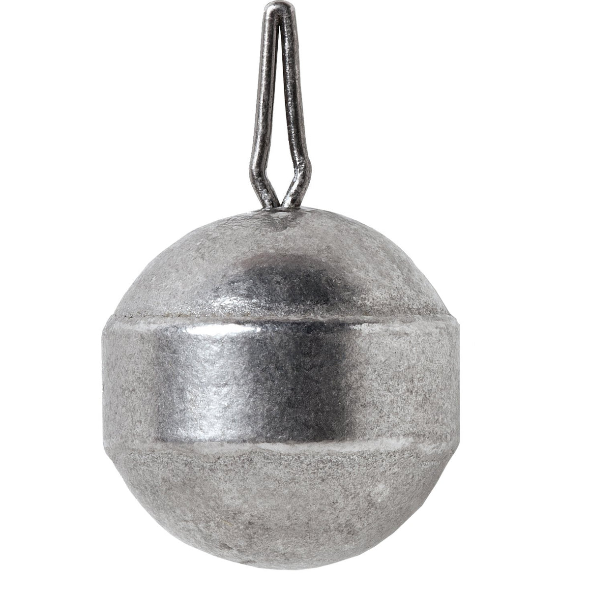 Close-up of a round metallic VMC Tungsten Drop Shot Weight with an integrated wire loop for attaching to fishing tackle, designed for precise casting and bait presentation.