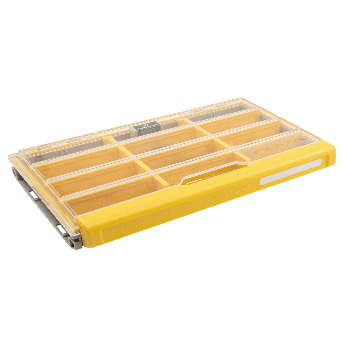Plano EDGE 3600 Flex fishing tackle box with multiple adjustable compartments, clear lid, and yellow accents, designed for organized fishing tackle storage.