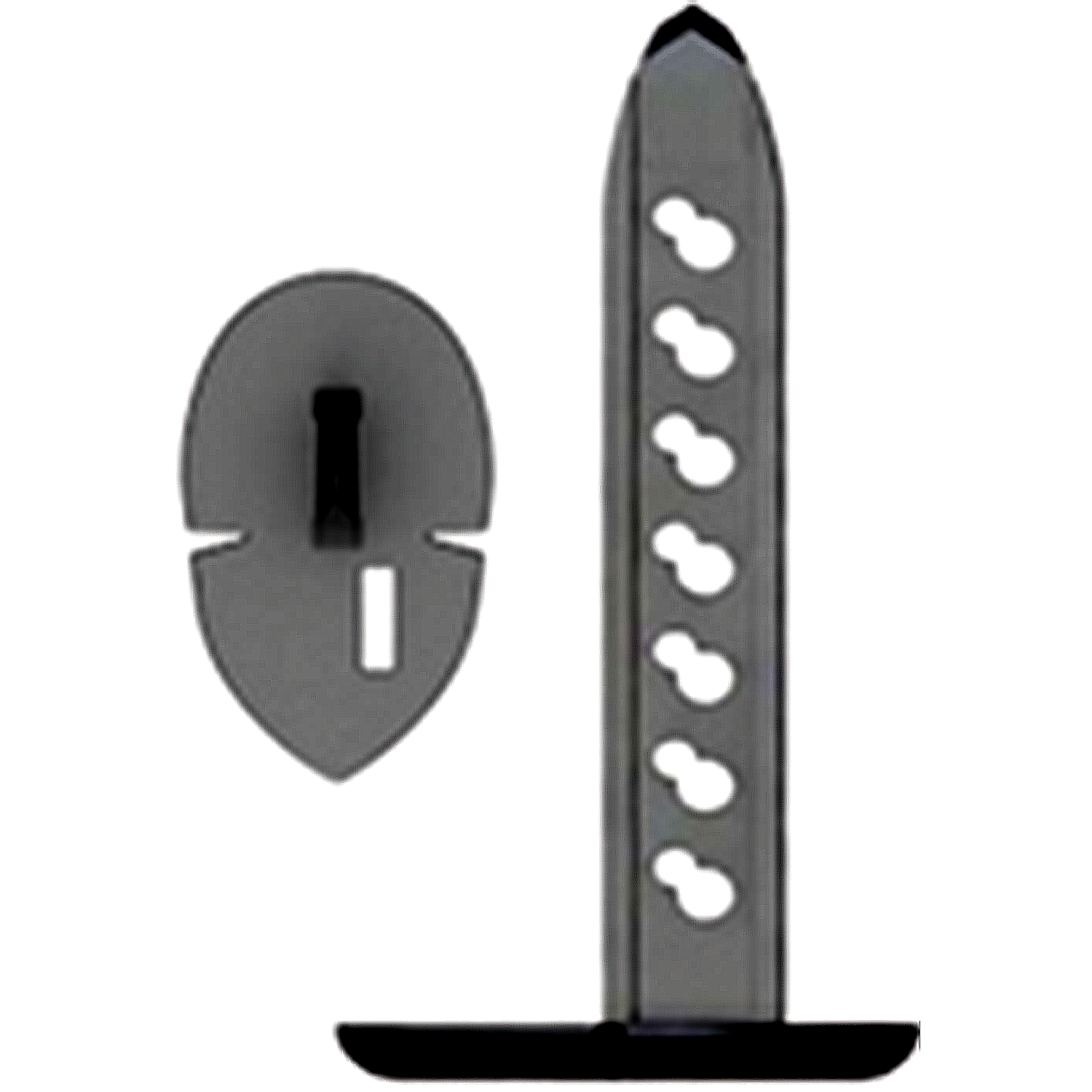 Super Baitlock fishing tackle accessory in dark material, featuring a long vertical piece with multiple holes and a separate rounded locking component.