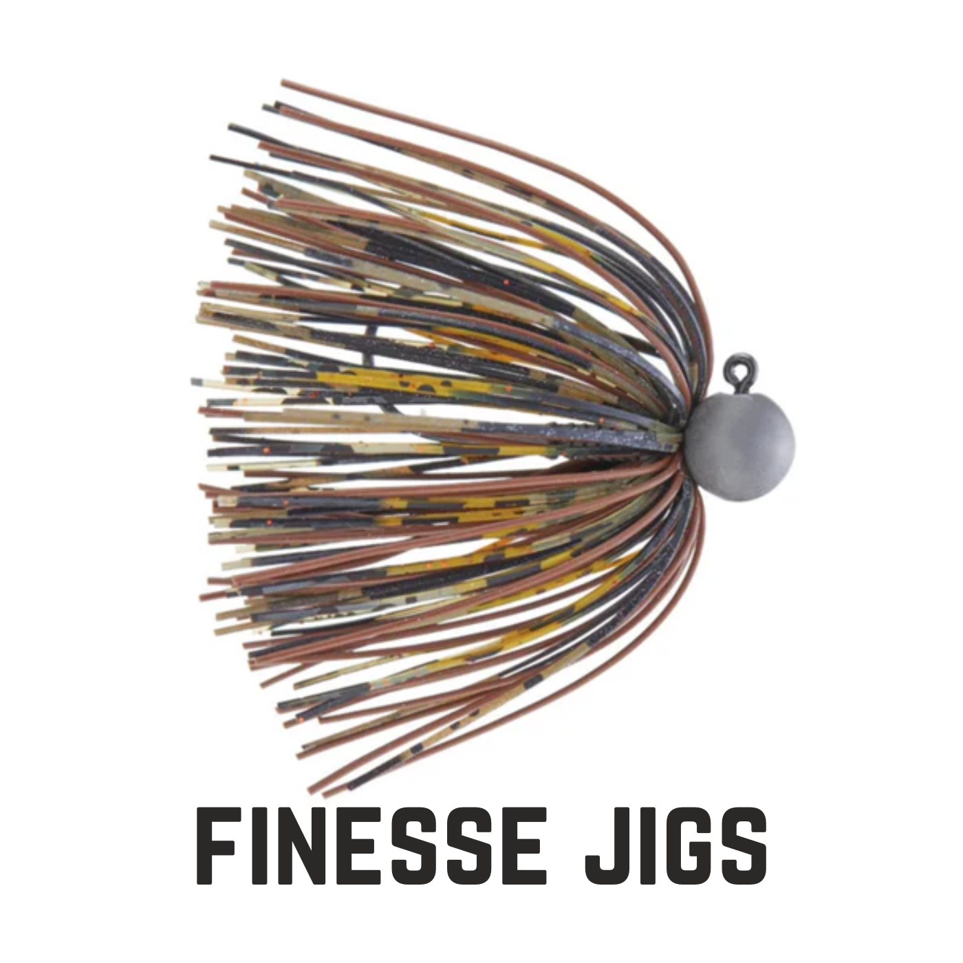 grey head jig with brown and yellow skirt with text overlay finesse jigs