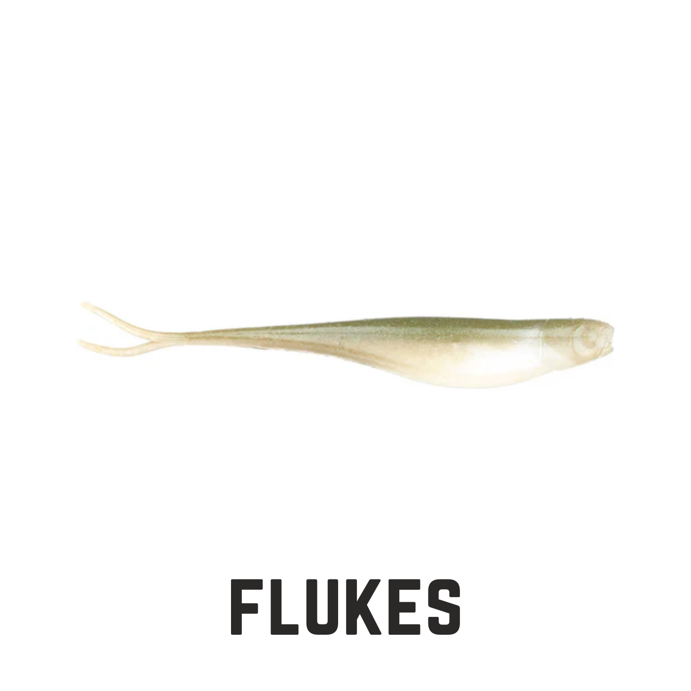 off white and green forked tail minnow with text overlay flukes