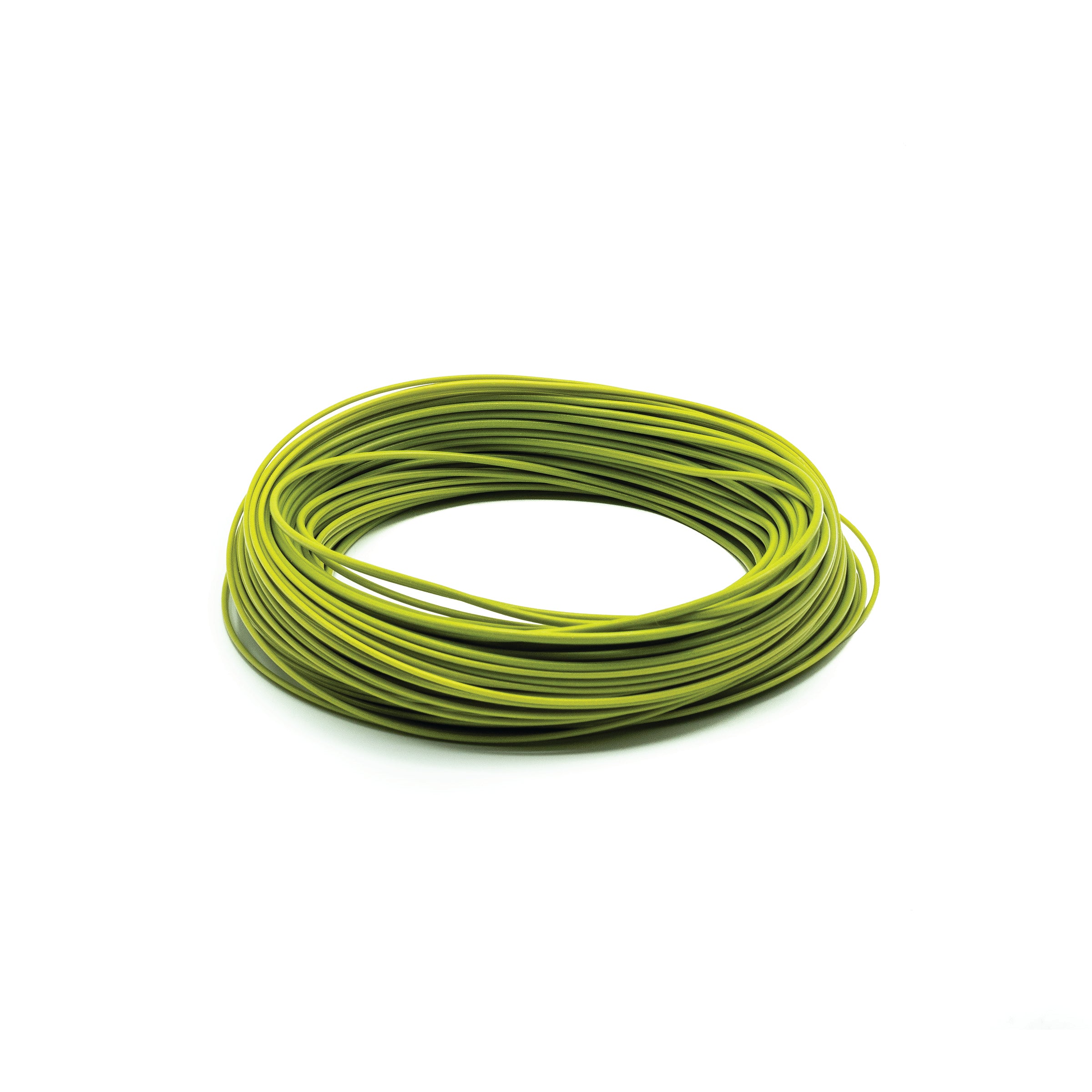 Coiled bright green fly fishing line, representing the Scientific Anglers Frequency MPX designed for precise casting and smooth performance in fishing tackle.