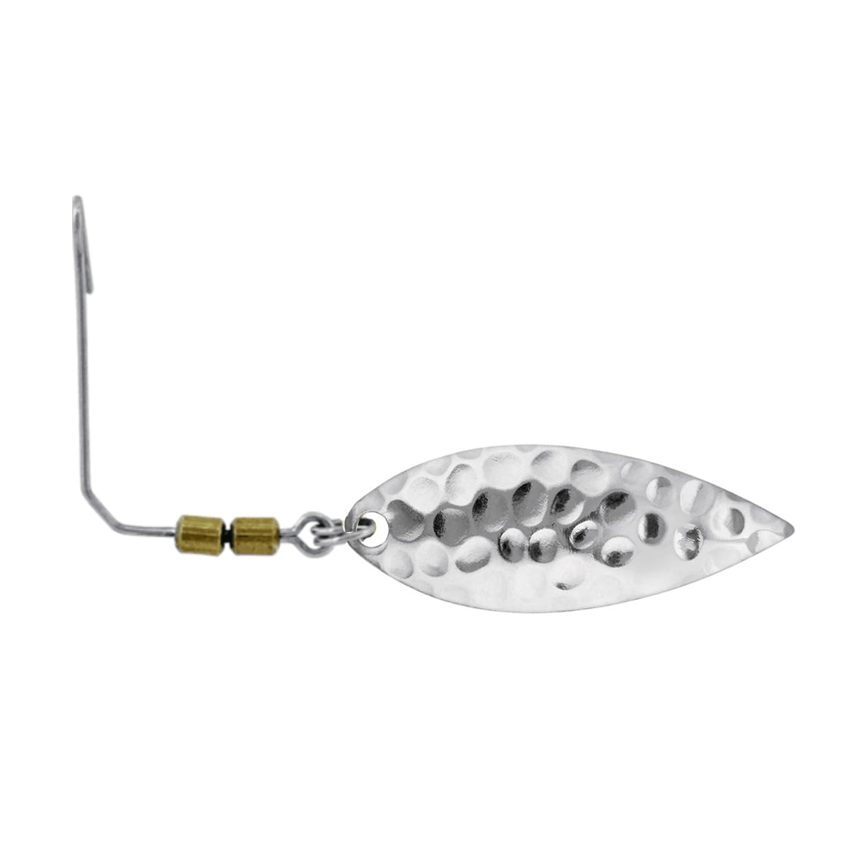 Close-up of a silver hammered metal fishing lure blade with a curved wire and two small brass beads, designed as the Owner Flashy Blade for fishing tackle.